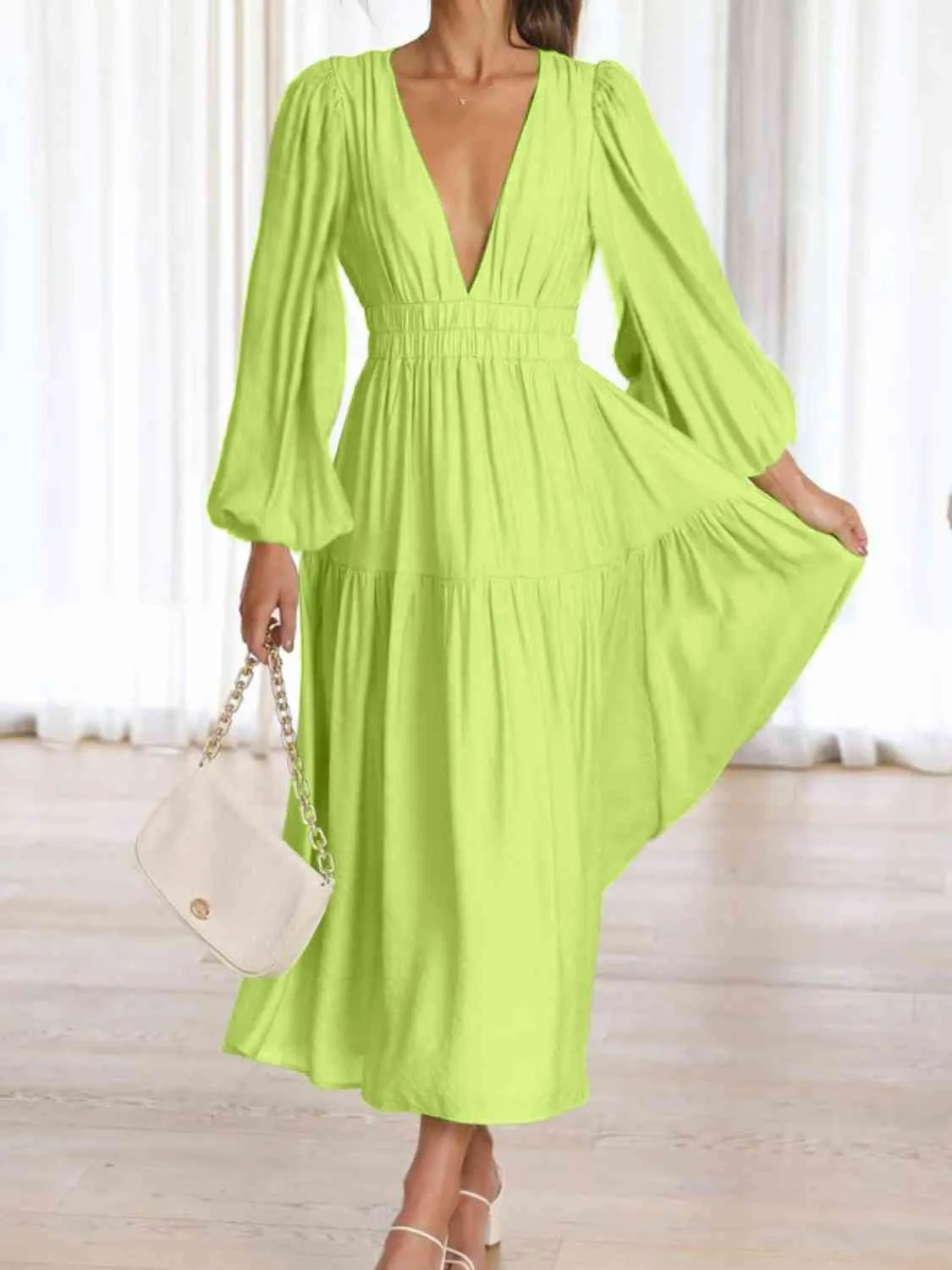 Deep V-Neck Balloon Sleeve Plain Maxi Dress (8 Colors)