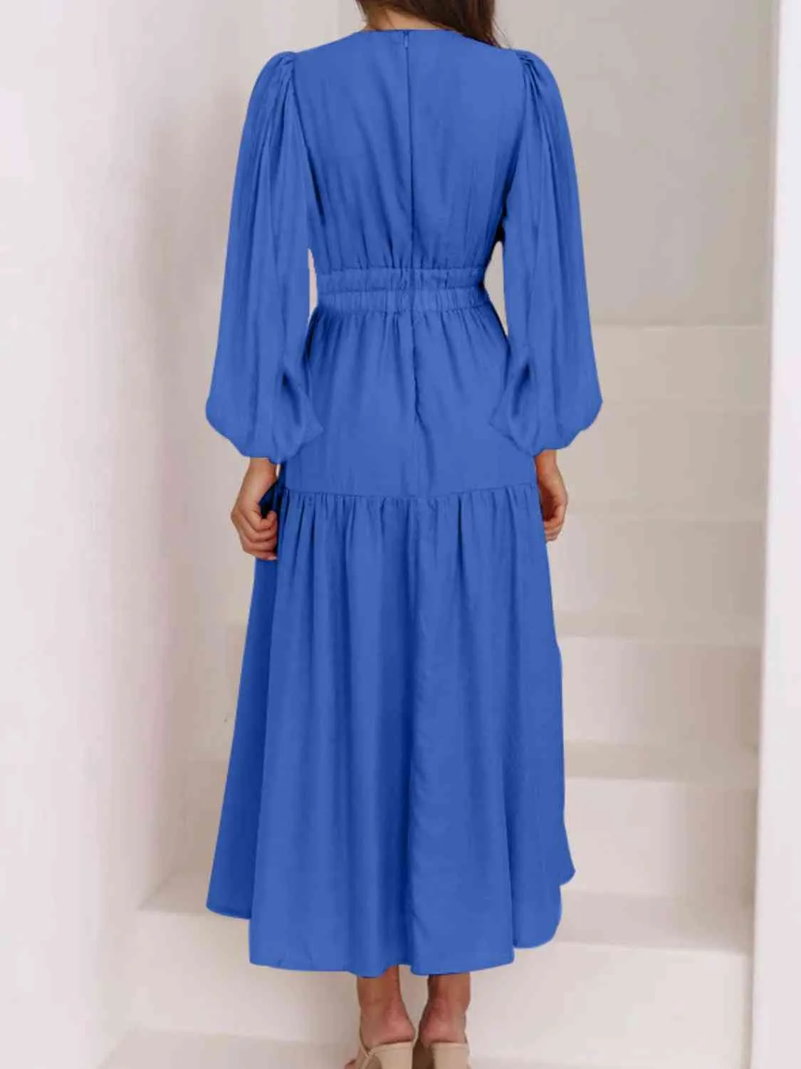 Deep V-Neck Balloon Sleeve Plain Maxi Dress (8 Colors)