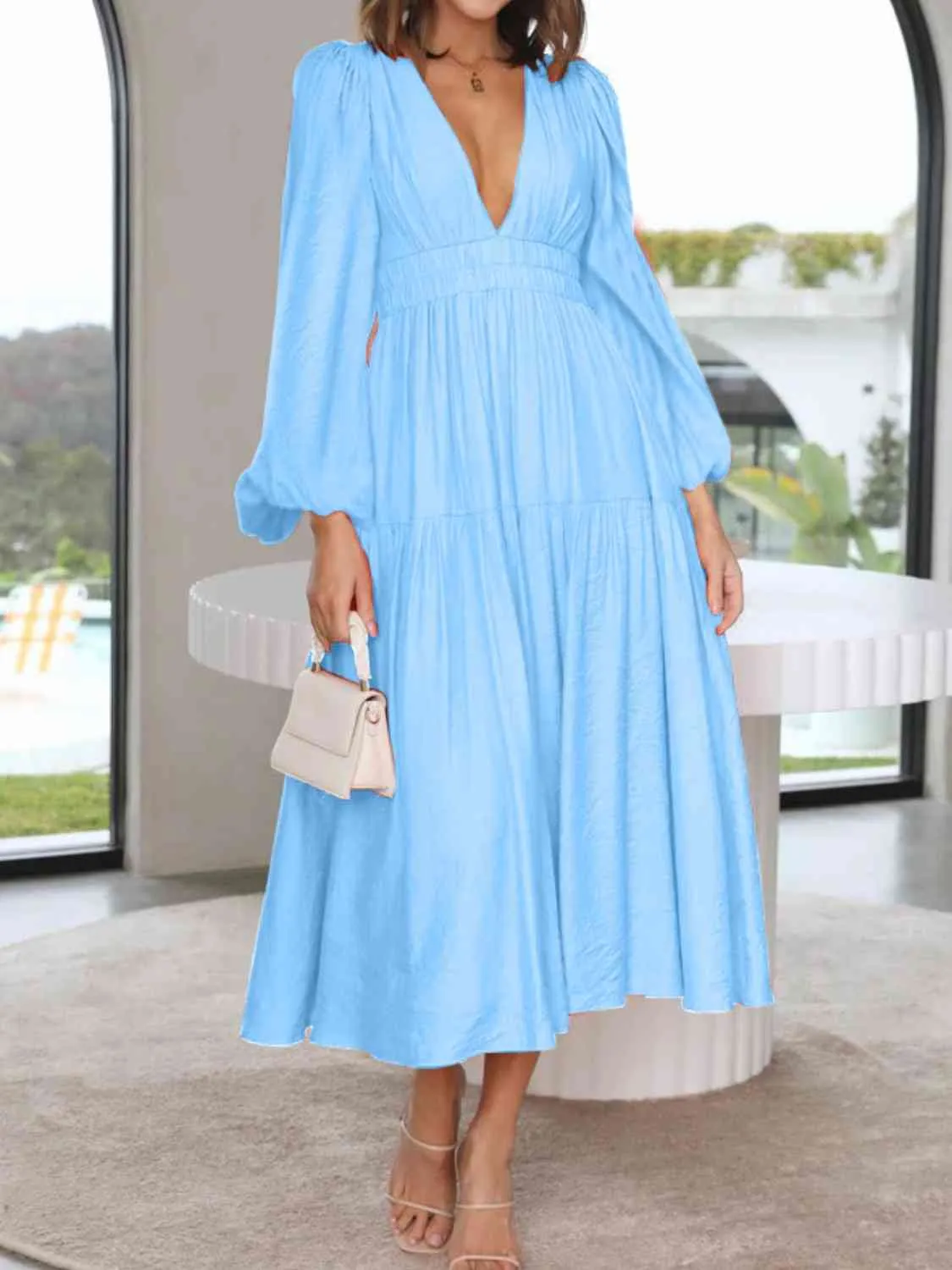 Deep V-Neck Balloon Sleeve Plain Maxi Dress (8 Colors)