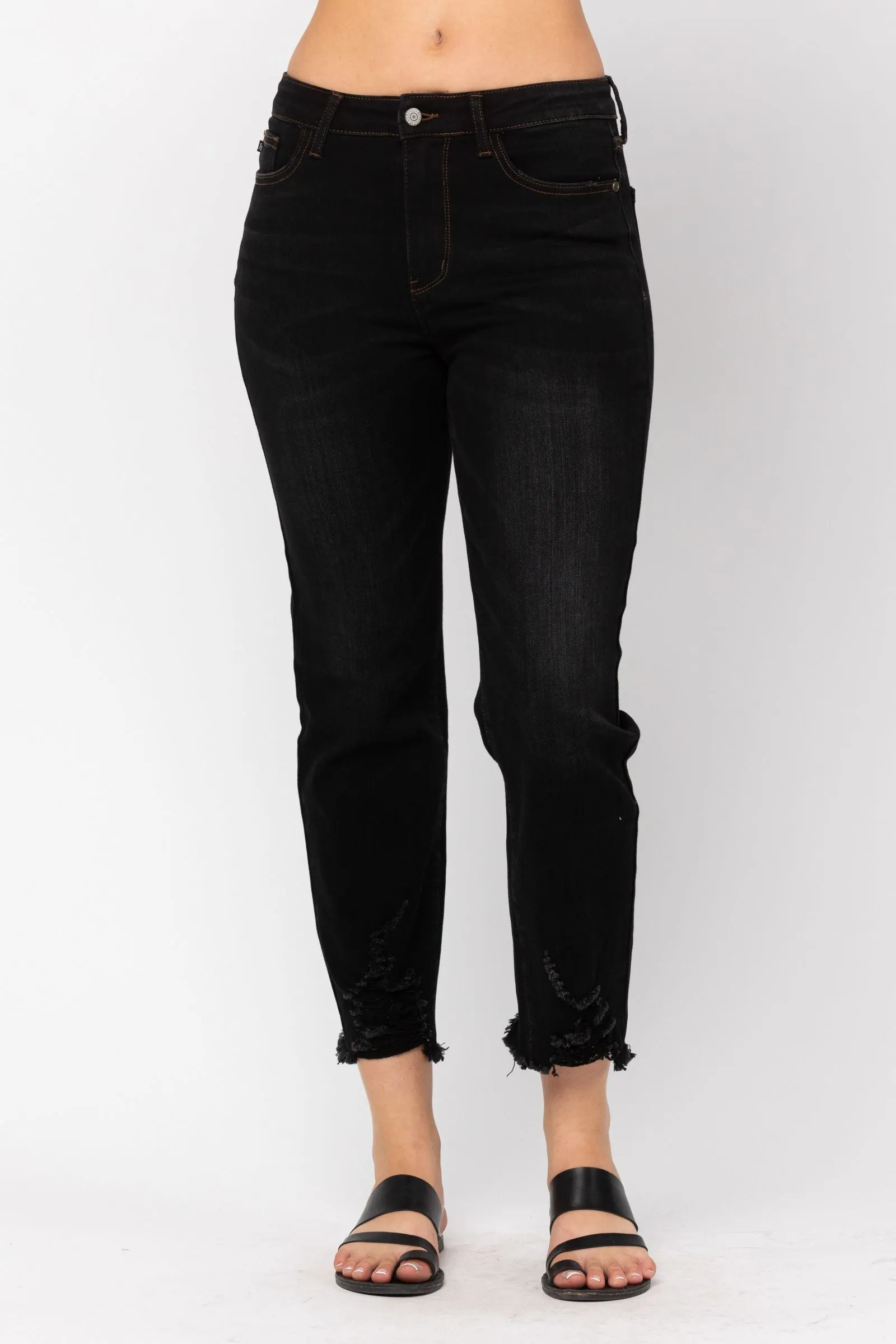 Destroyed Hem Cropped Straight Jeans