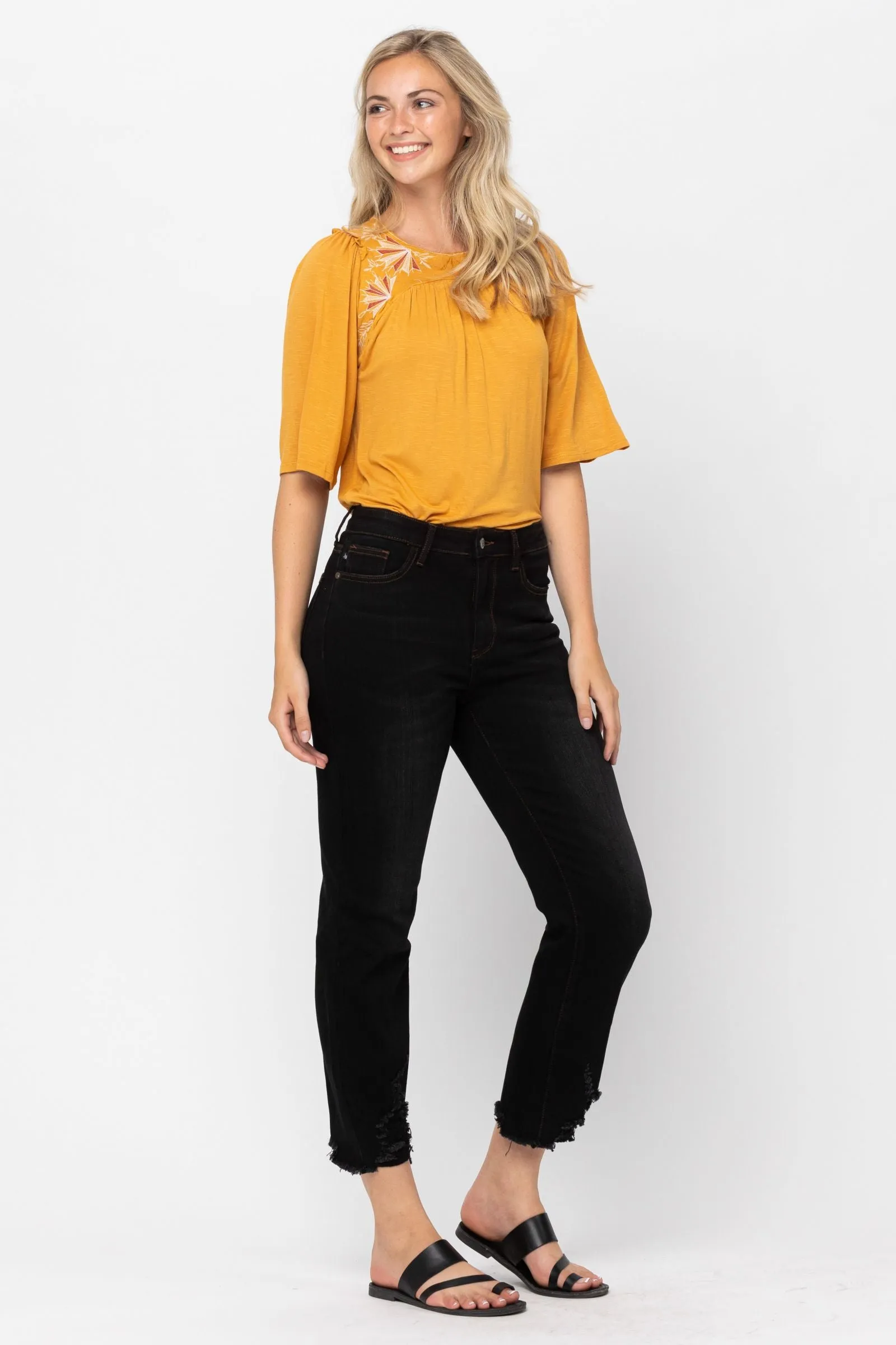 Destroyed Hem Cropped Straight Jeans