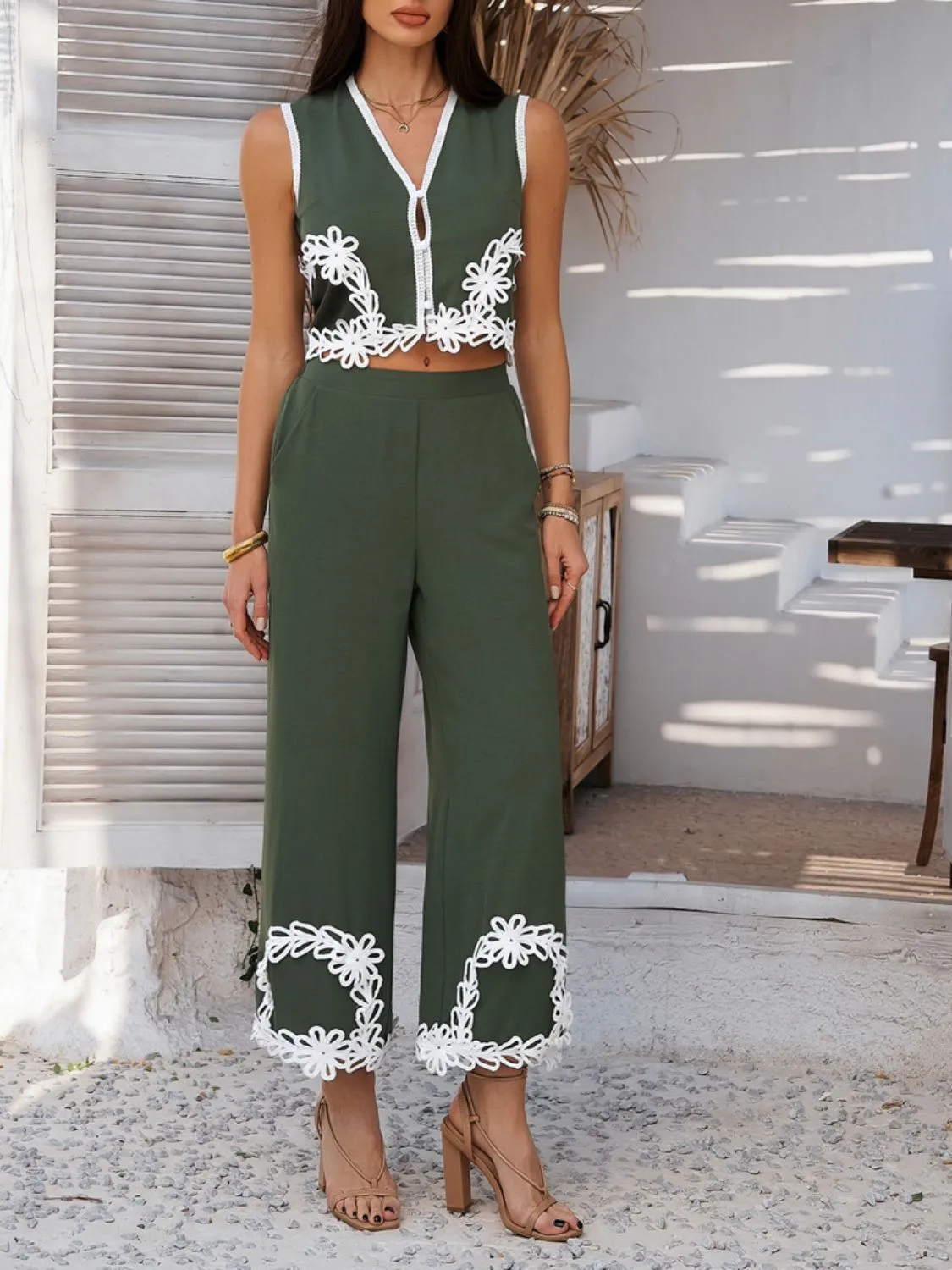 Devine Contrast Cropped Vest and Pants Set
