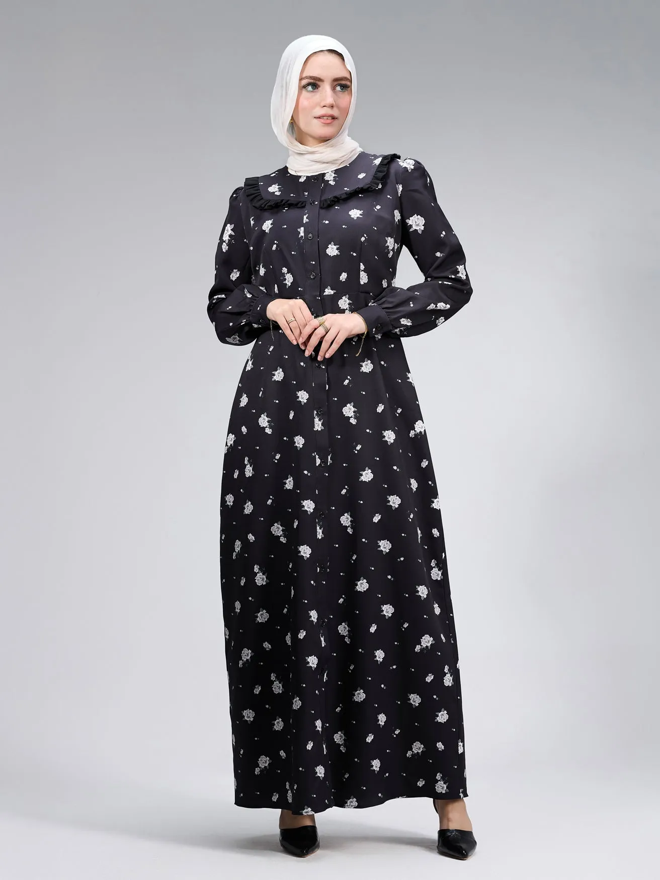 Ebtihal Blossom Modest Crepe Maxi Dress in Black Floral