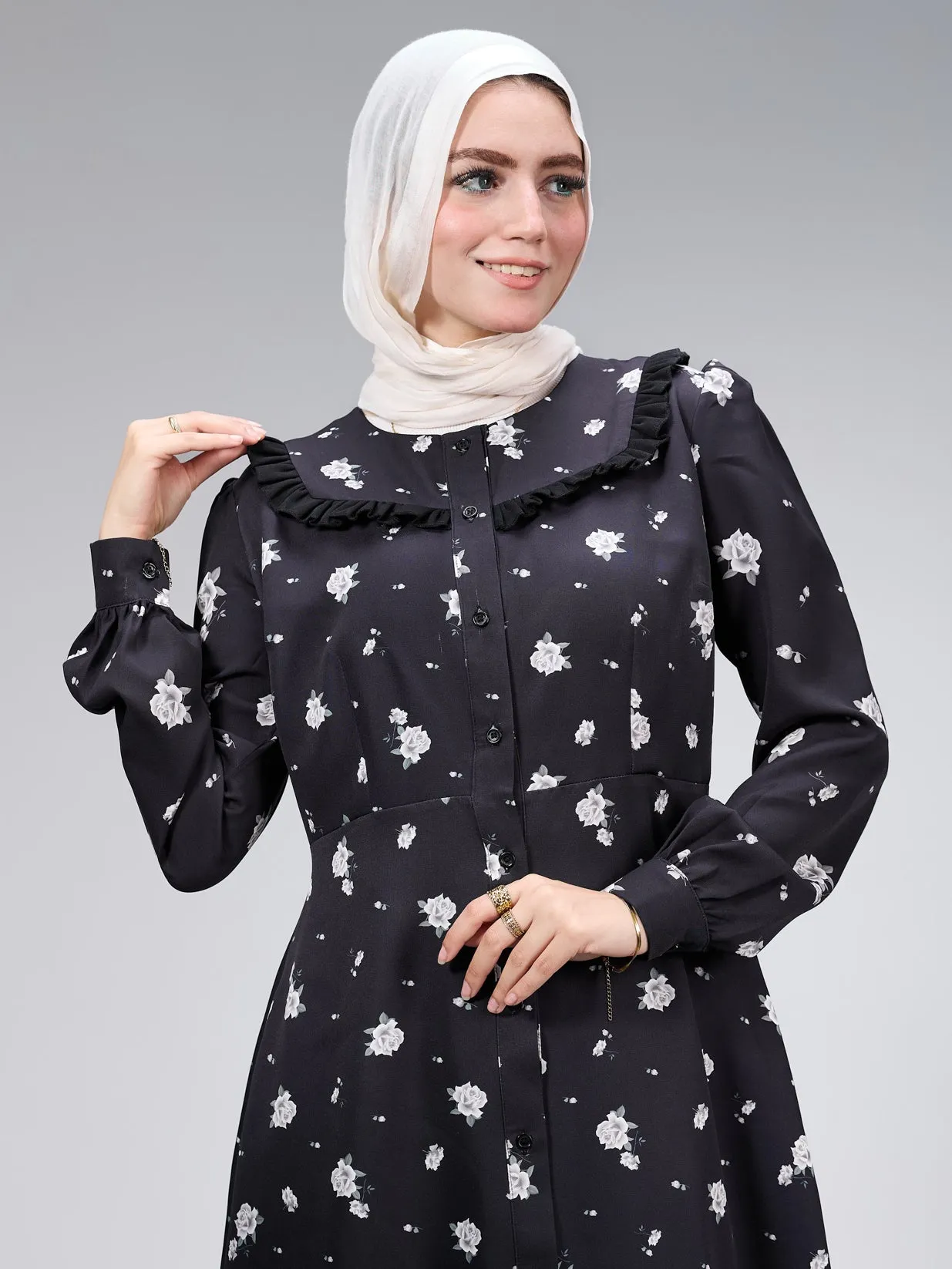 Ebtihal Blossom Modest Crepe Maxi Dress in Black Floral