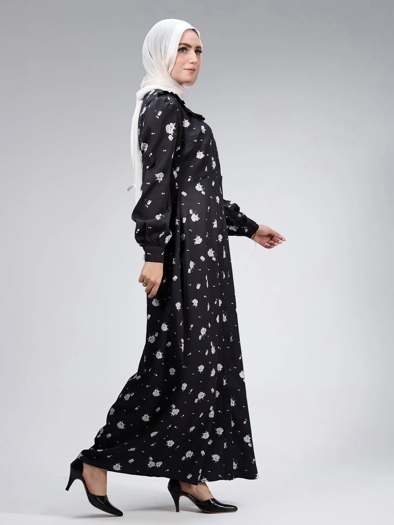 Ebtihal Blossom Modest Crepe Maxi Dress in Black Floral