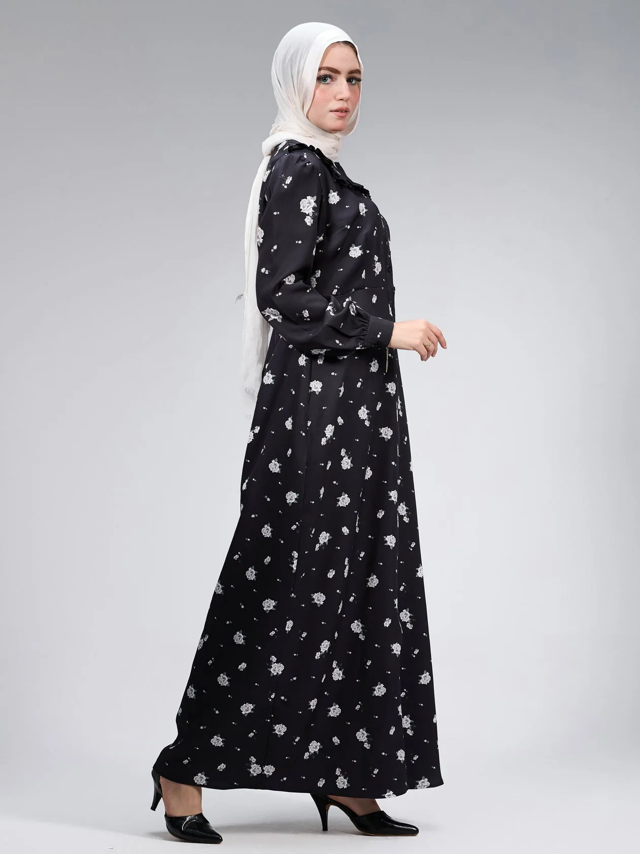 Ebtihal Blossom Modest Crepe Maxi Dress in Black Floral
