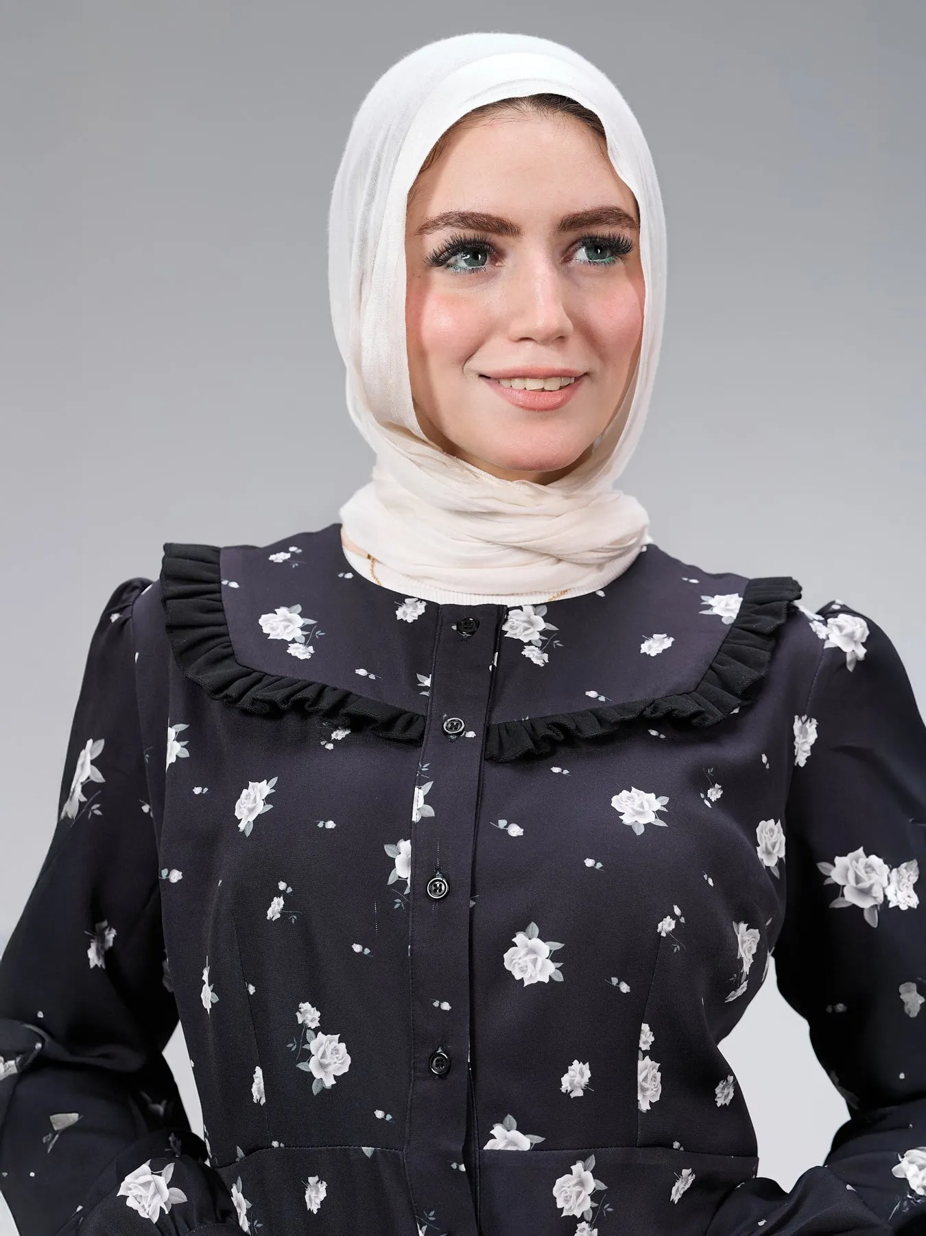 Ebtihal Blossom Modest Crepe Maxi Dress in Black Floral