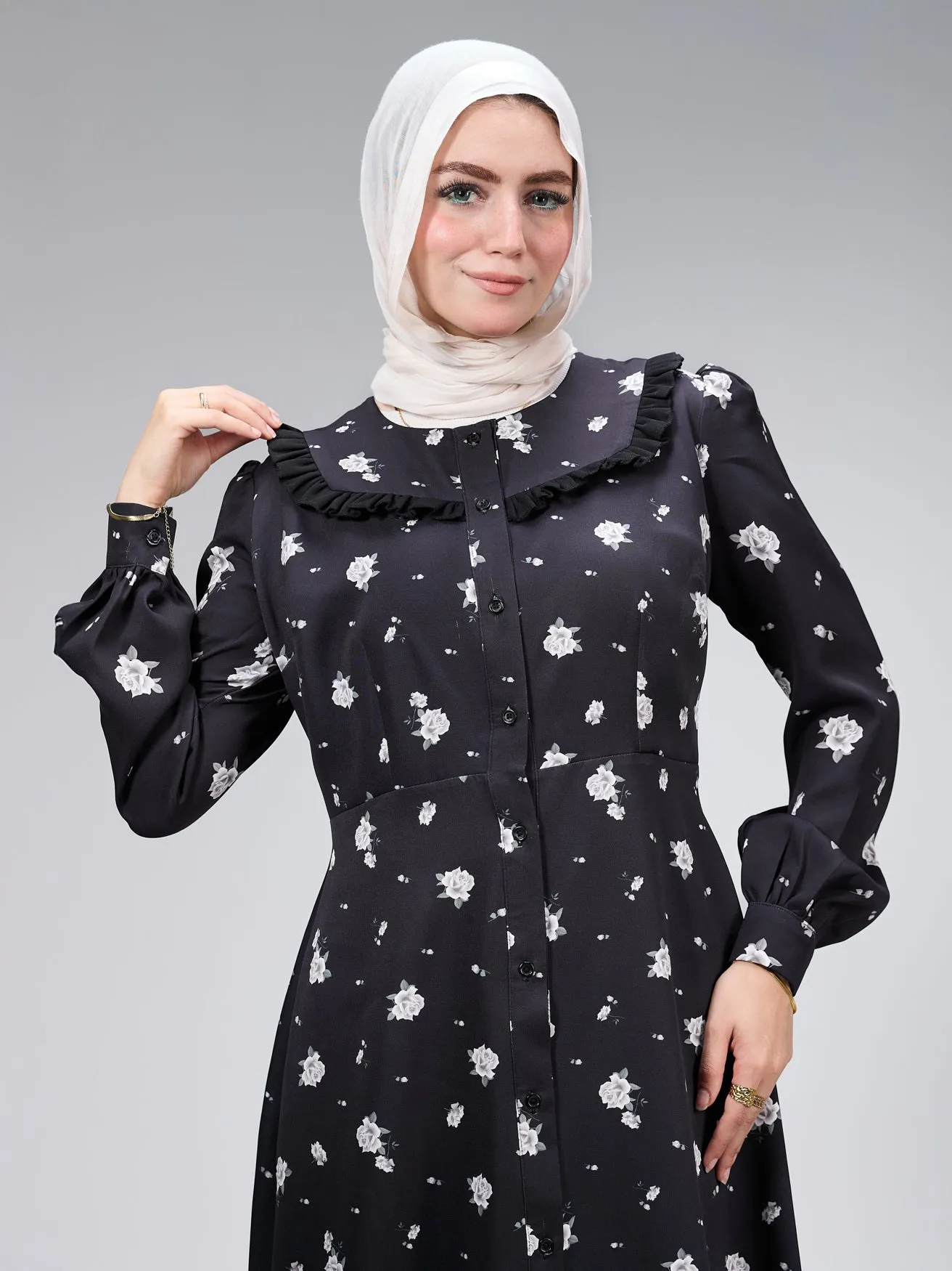 Ebtihal Blossom Modest Crepe Maxi Dress in Black Floral