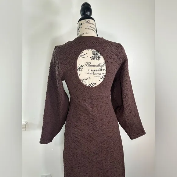 Free People Gabby Seamless Midi Dress Fall Textured Long-Sleeve Open Back  XS S