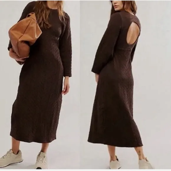 Free People Gabby Seamless Midi Dress Fall Textured Long-Sleeve Open Back  XS S