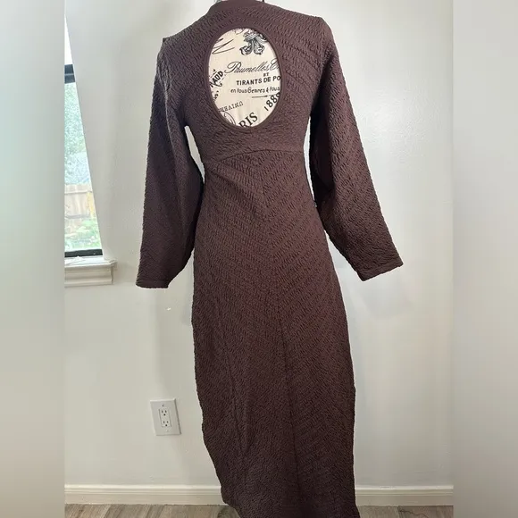 Free People Gabby Seamless Midi Dress Fall Textured Long-Sleeve Open Back  XS S