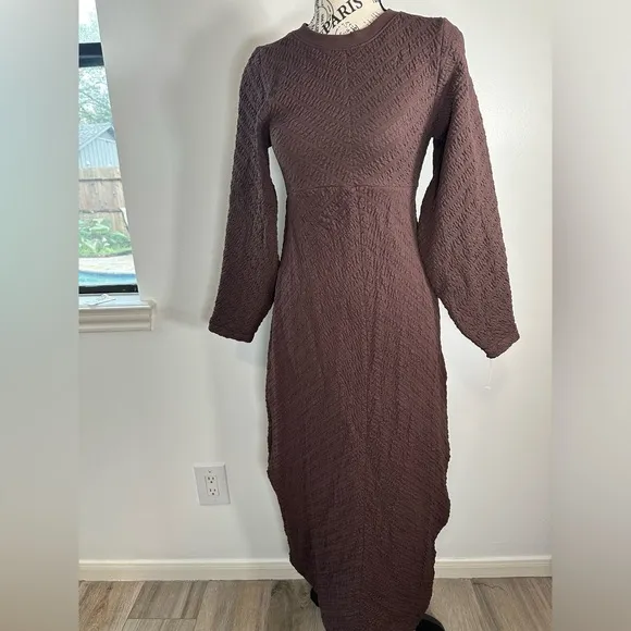 Free People Gabby Seamless Midi Dress Fall Textured Long-Sleeve Open Back  XS S
