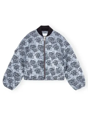 Ganni Botanical Jacquard Short Bomber Jacket in Illusion Blue