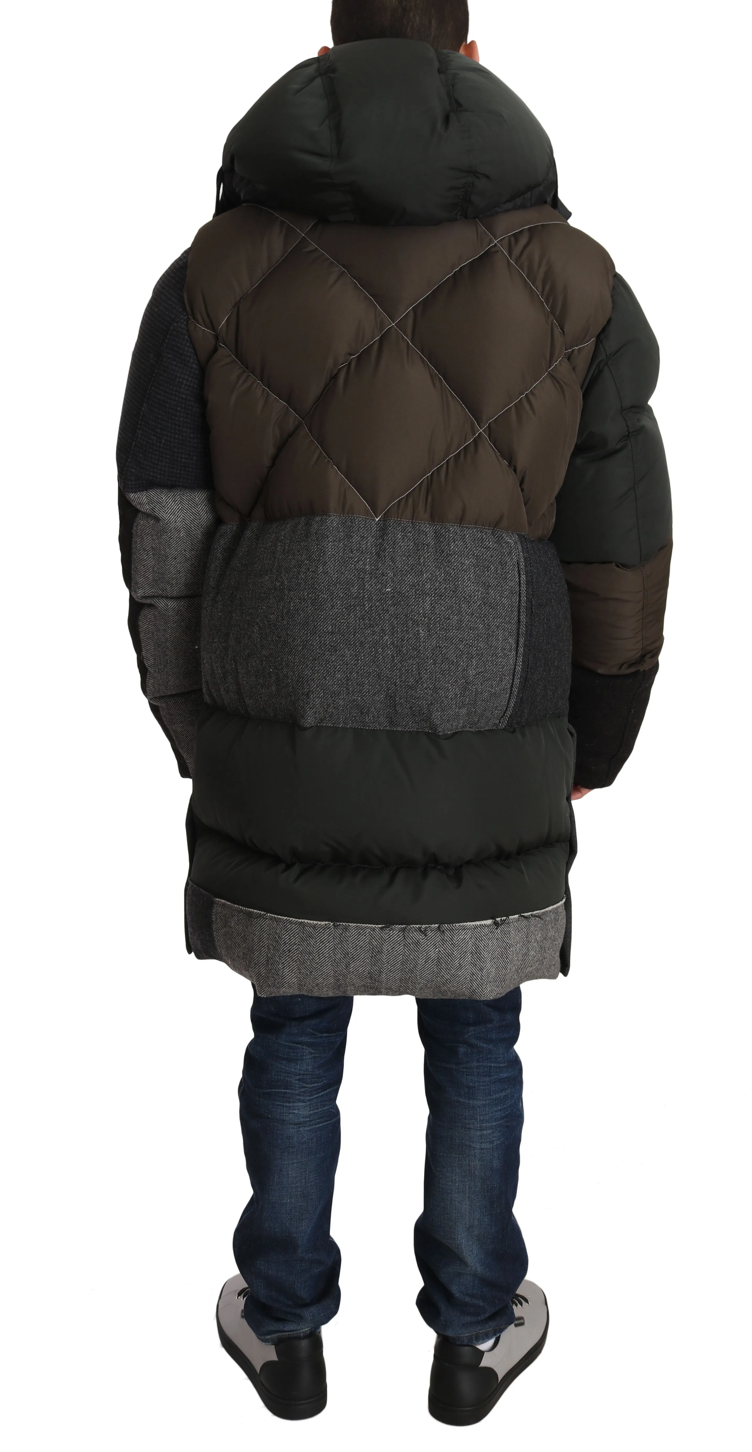 Gray Brown Wool Patterned Puffer Hooded Coat