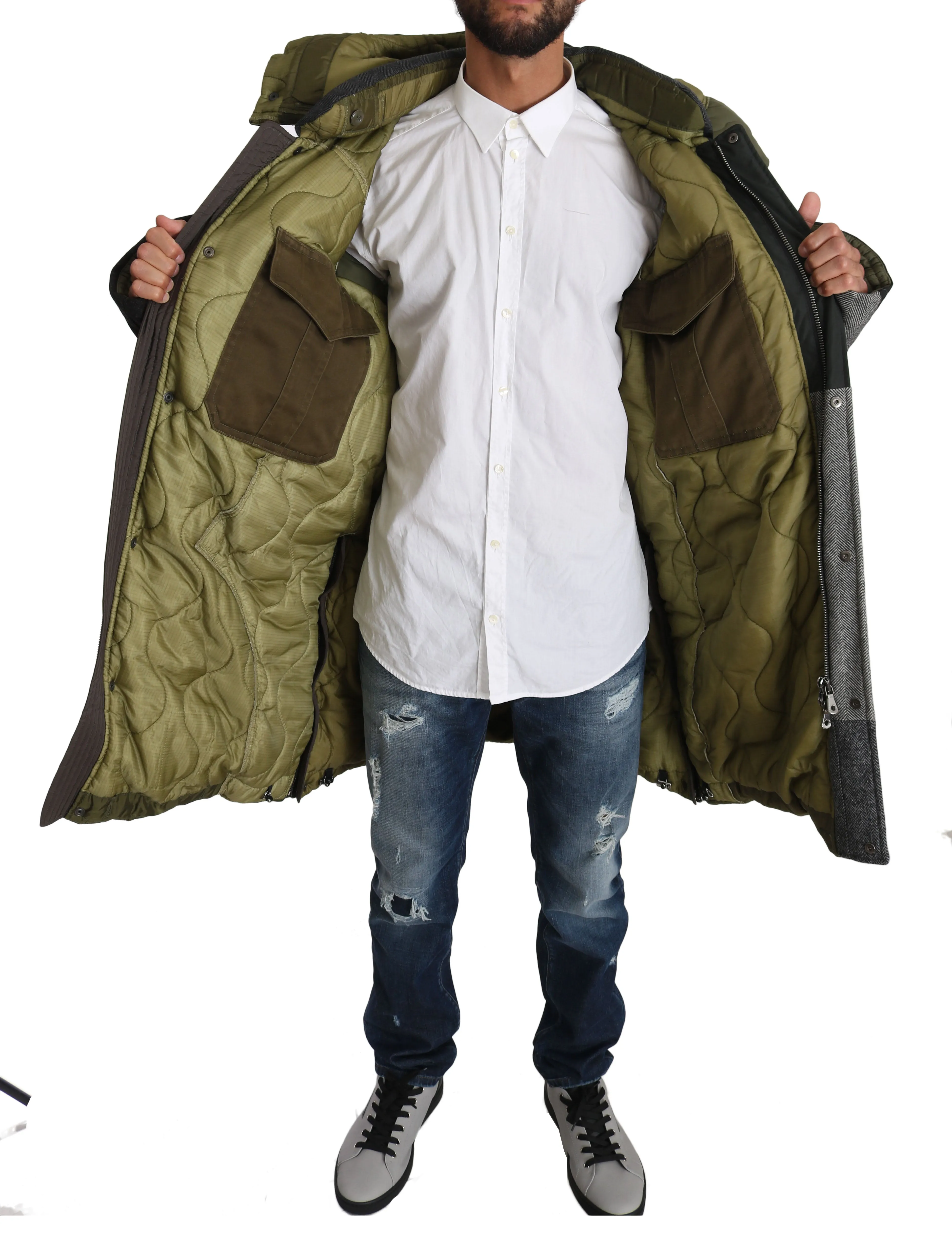 Gray Brown Wool Patterned Puffer Hooded Coat