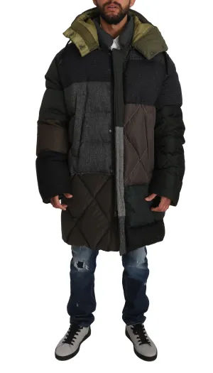 Gray Brown Wool Patterned Puffer Hooded Coat