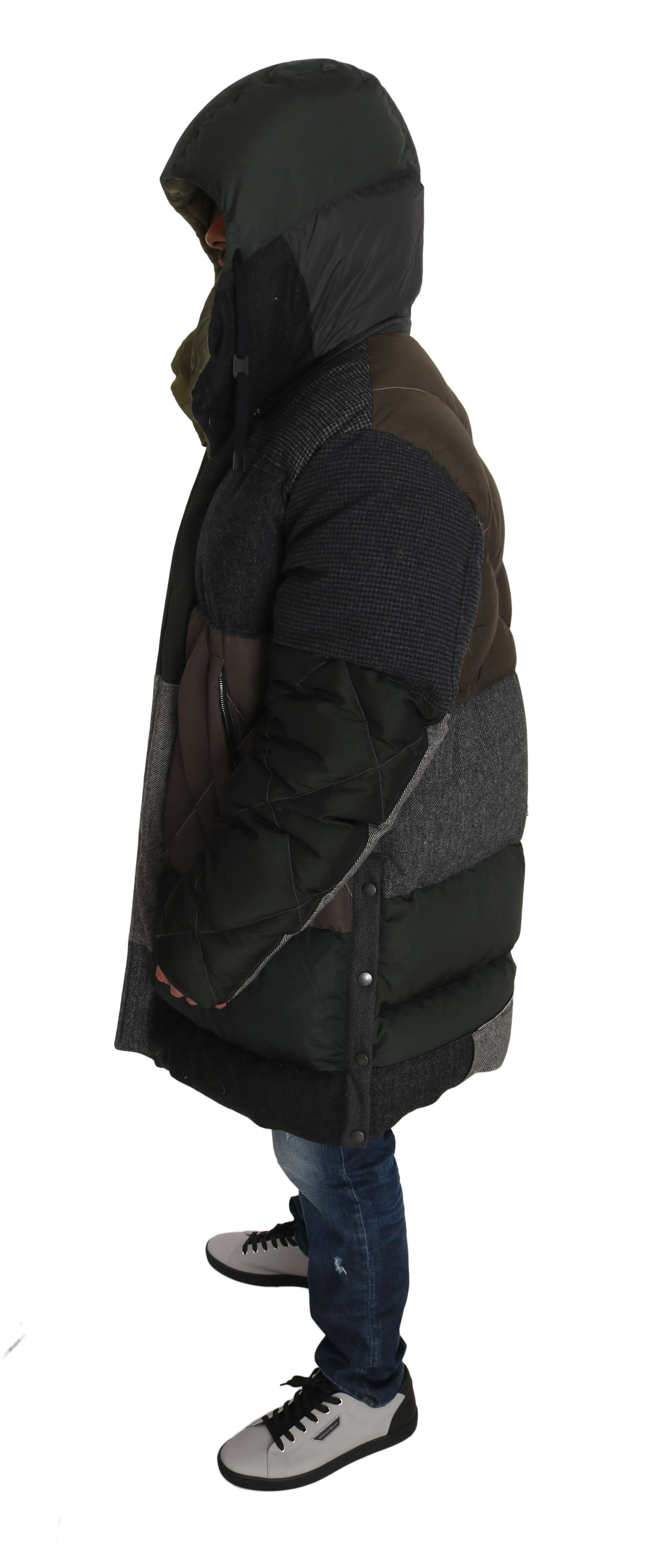 Gray Brown Wool Patterned Puffer Hooded Coat