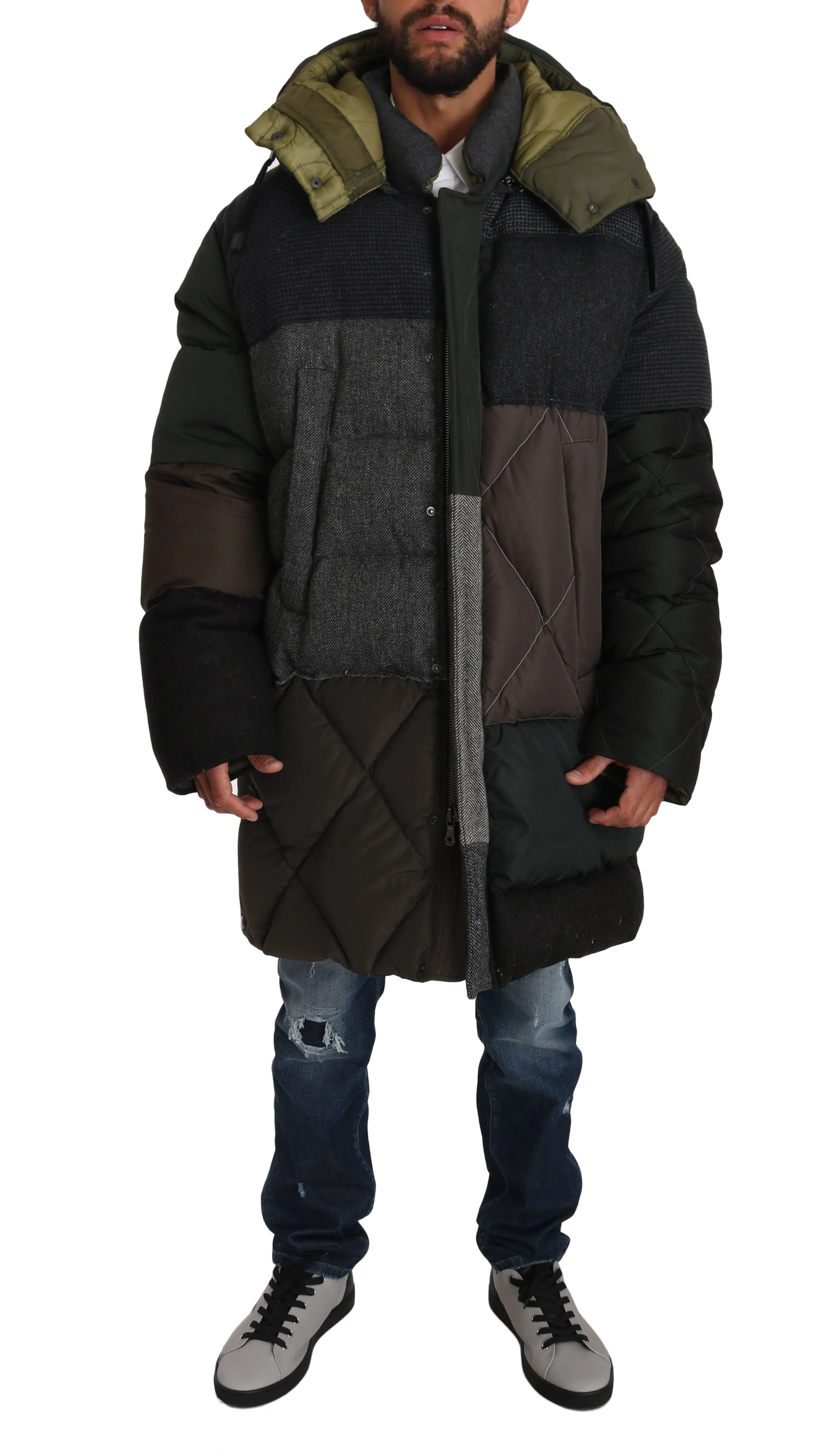 Gray Brown Wool Patterned Puffer Hooded Coat