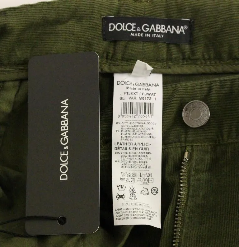 Green Cotton Corduroys Cropped Jeans Pants