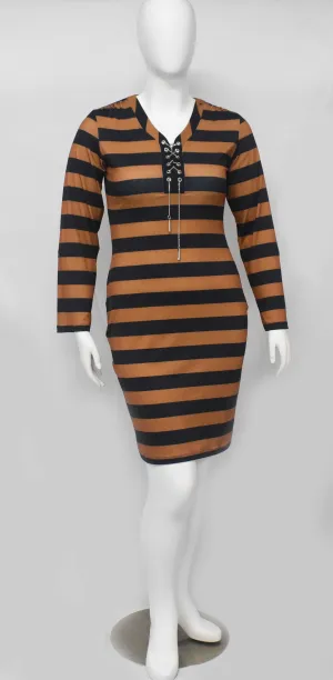Heart Chain Bodycon Brown Black Stripe Dress