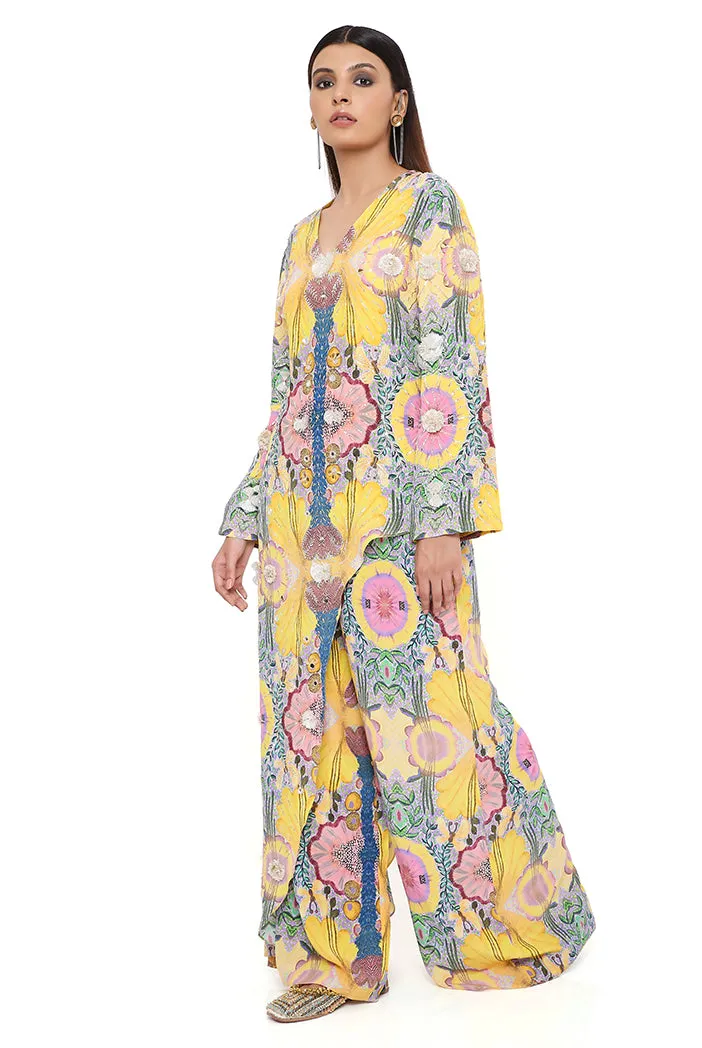 HELEN YELLOW ENCHANTED PRINT CREPE EMBROIDERED KURTA WITH CROPPED PALAZZO