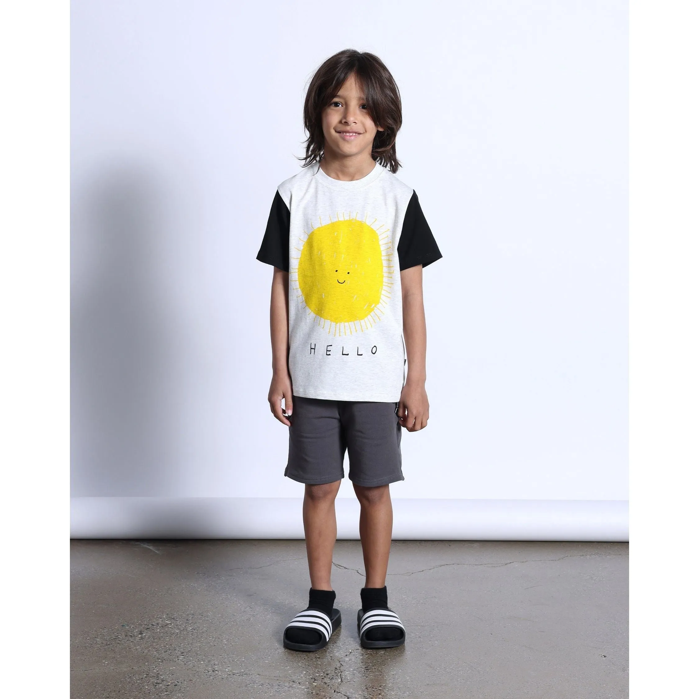 Hello Sun Goodbye Moon Tee- White Marle/Black