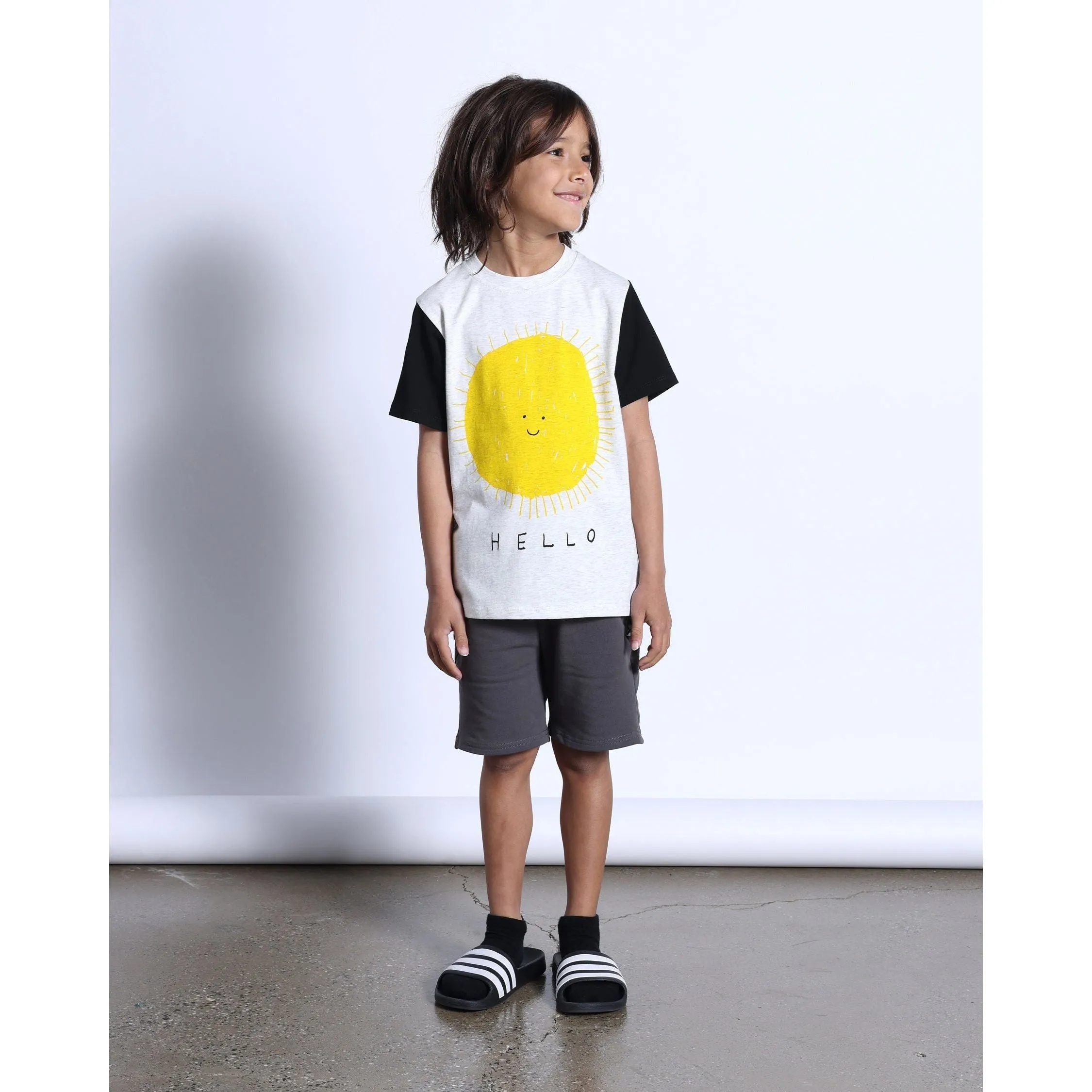 Hello Sun Goodbye Moon Tee- White Marle/Black