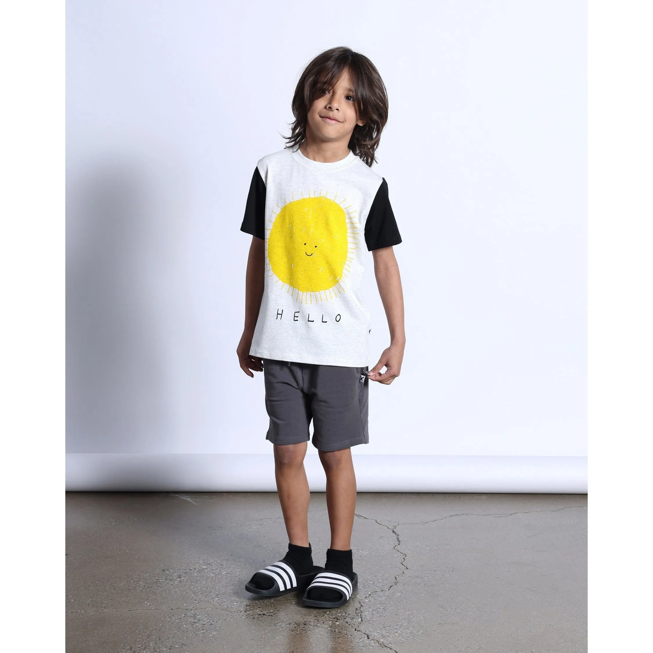 Hello Sun Goodbye Moon Tee- White Marle/Black