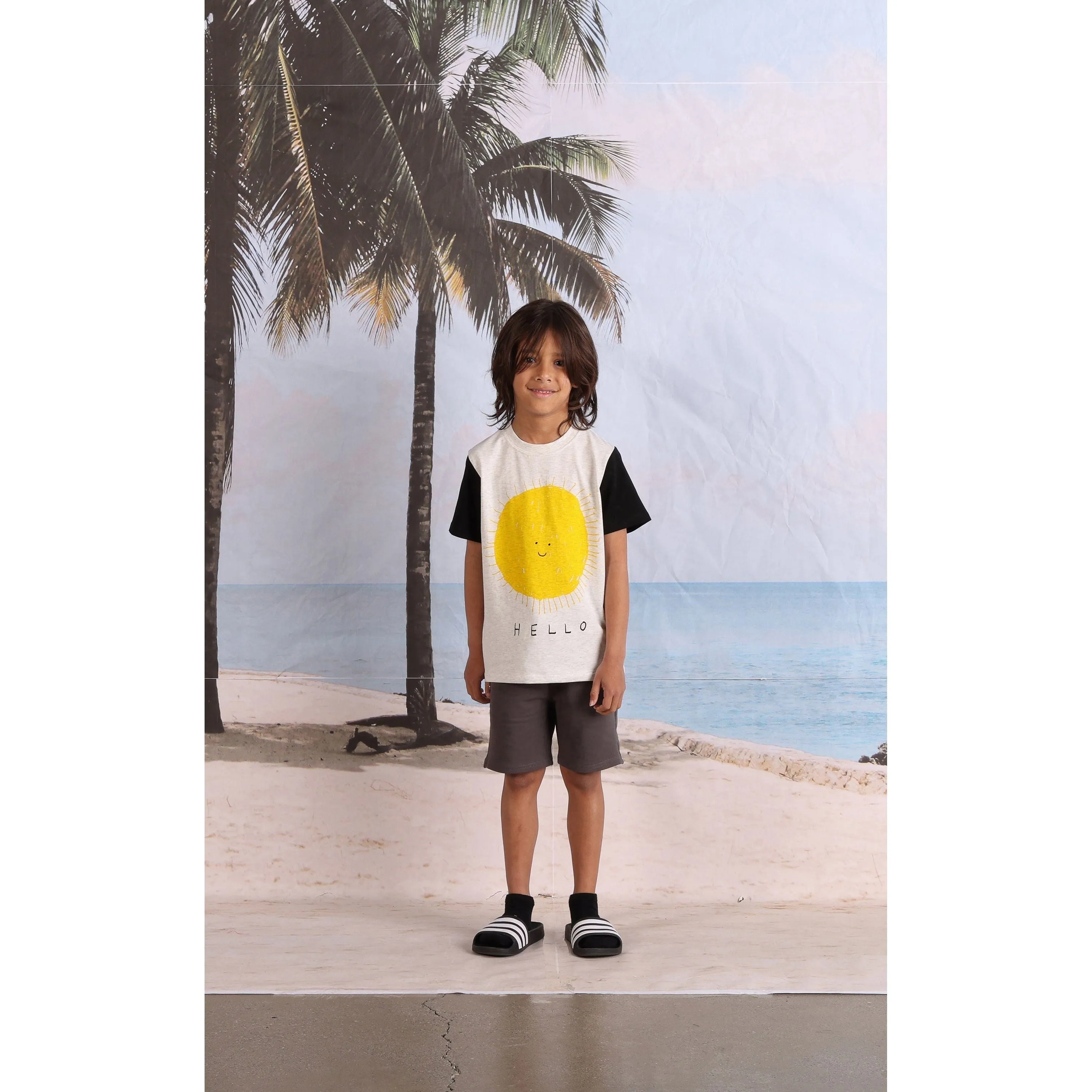 Hello Sun Goodbye Moon Tee- White Marle/Black