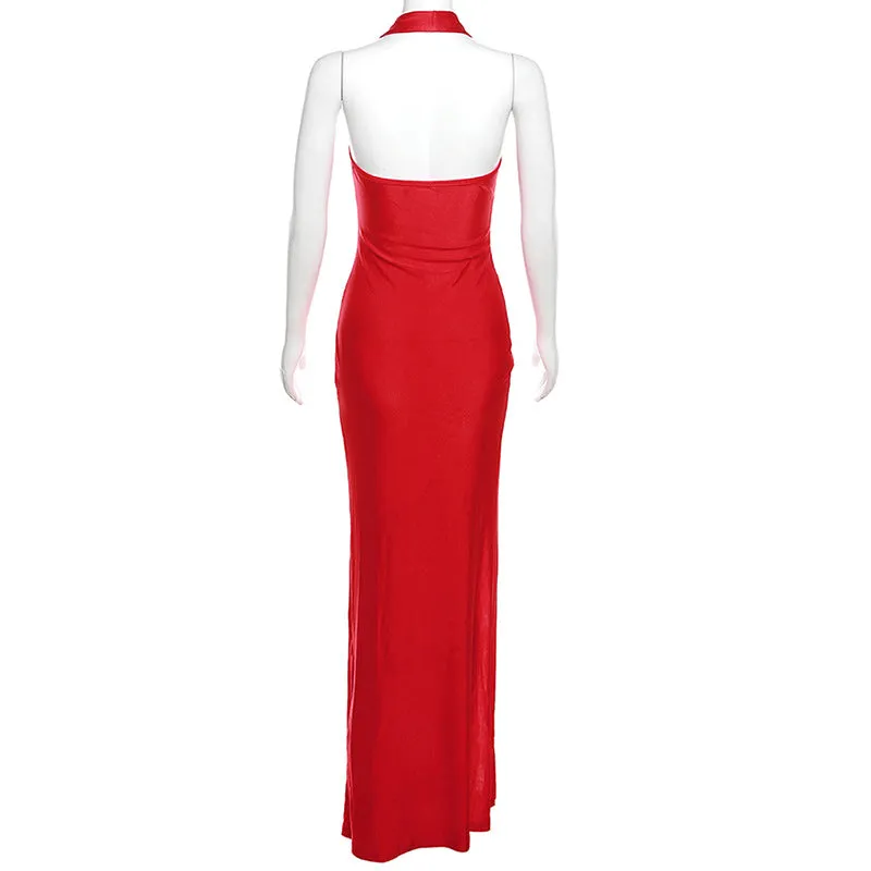 High Slit Cowl Neck Halter Maxi Dress