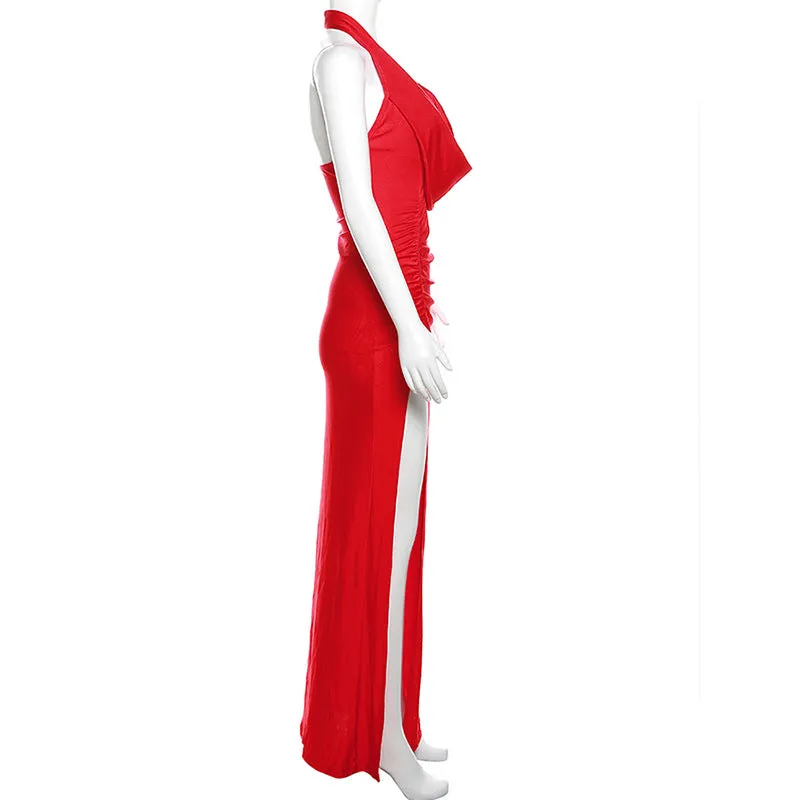 High Slit Cowl Neck Halter Maxi Dress