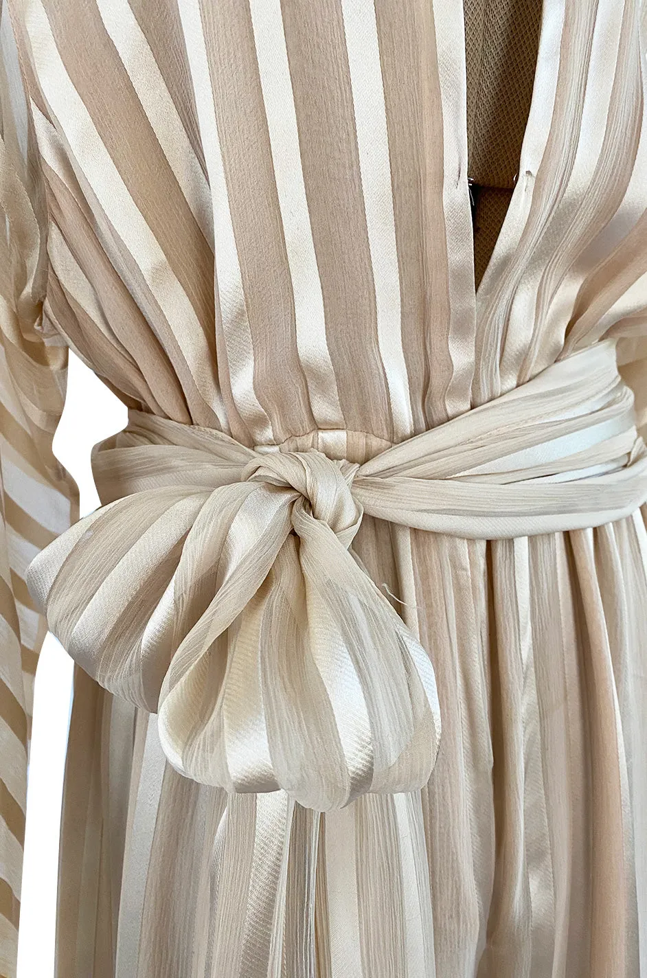 Important 1976 Halston Couture Ivory Ribbon Silk Chiffon Ivory Jumpsuit w Original Sash