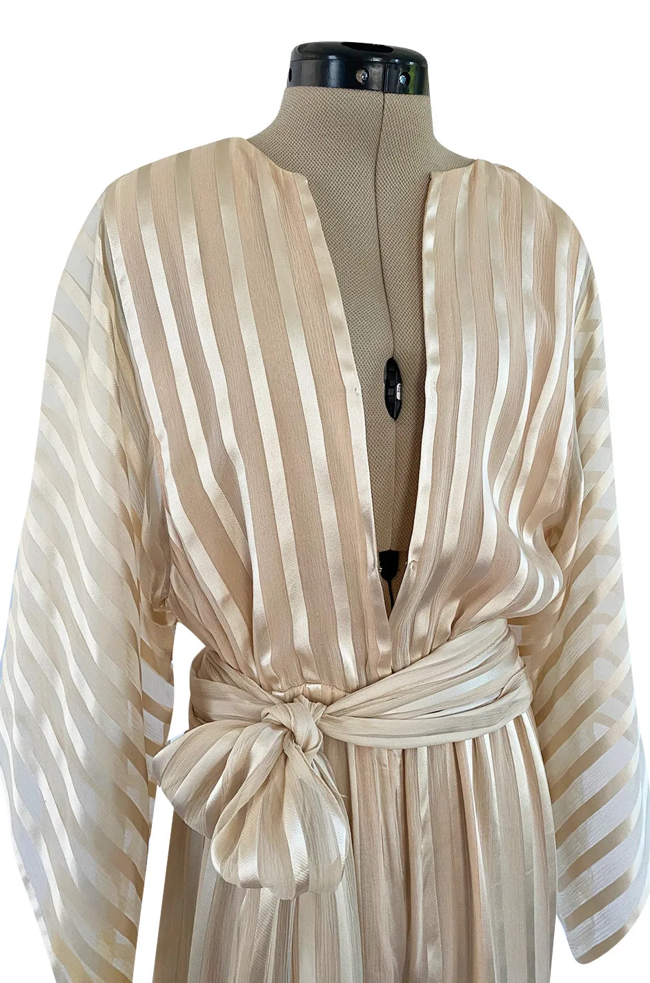 Important 1976 Halston Couture Ivory Ribbon Silk Chiffon Ivory Jumpsuit w Original Sash