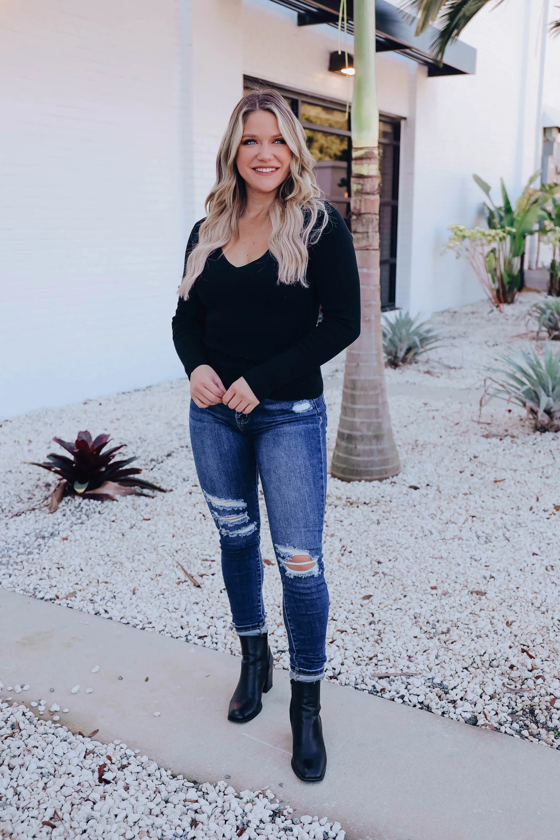 Krysten Double V Knit Sweater - Black
