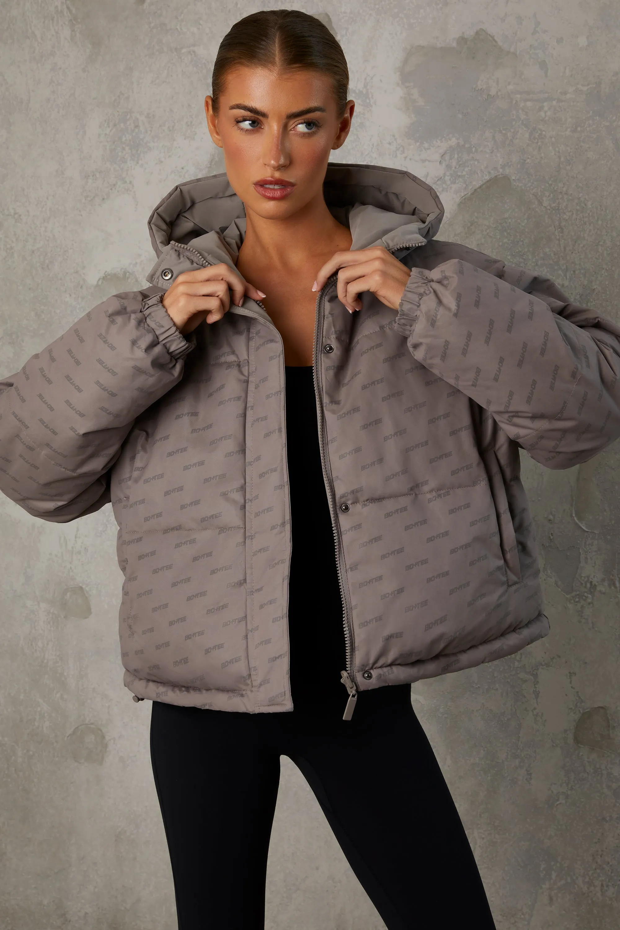 Layer Up - Reversible Hooded Puffer Jacket in Warm Grey