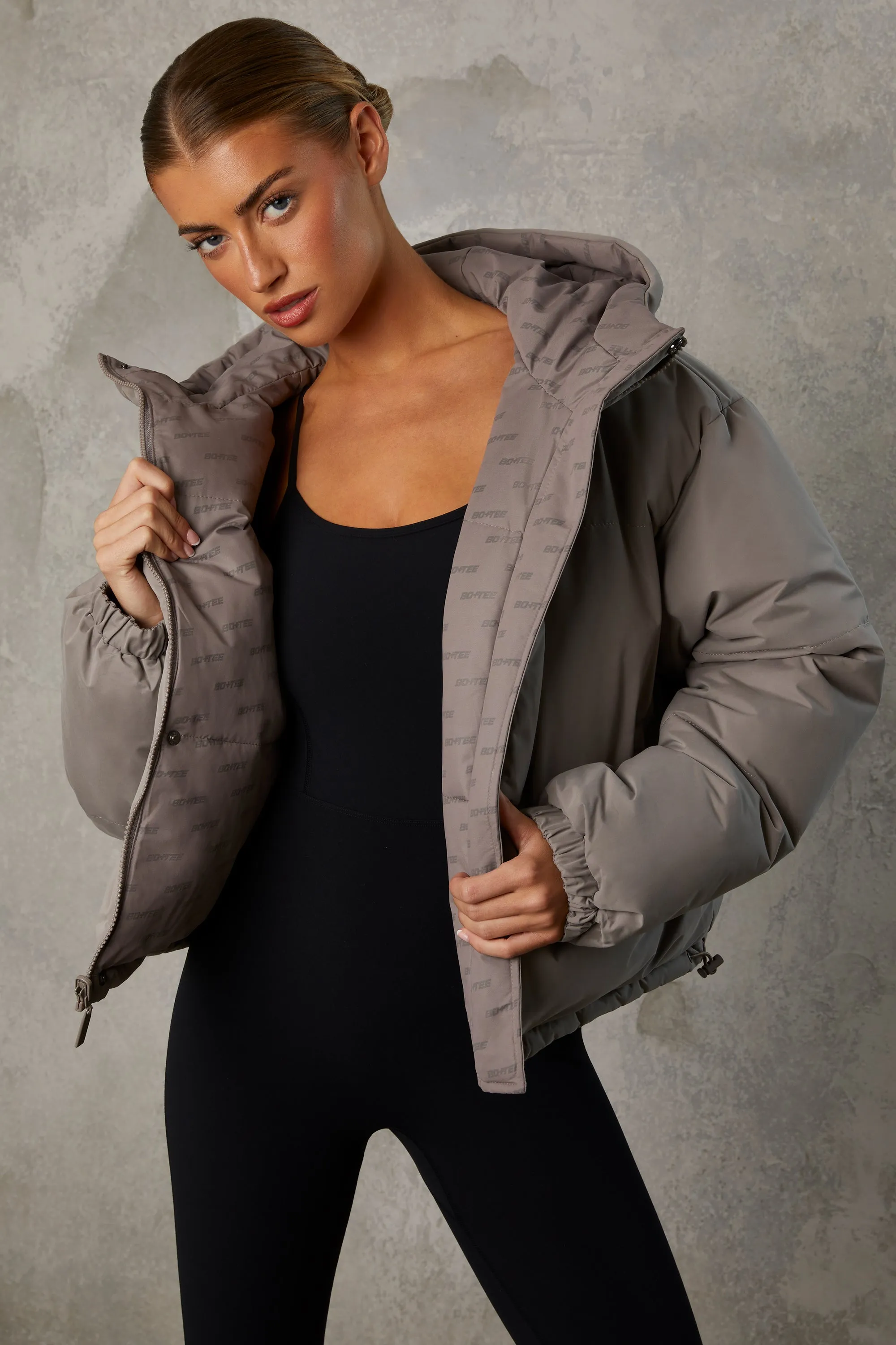 Layer Up - Reversible Hooded Puffer Jacket in Warm Grey