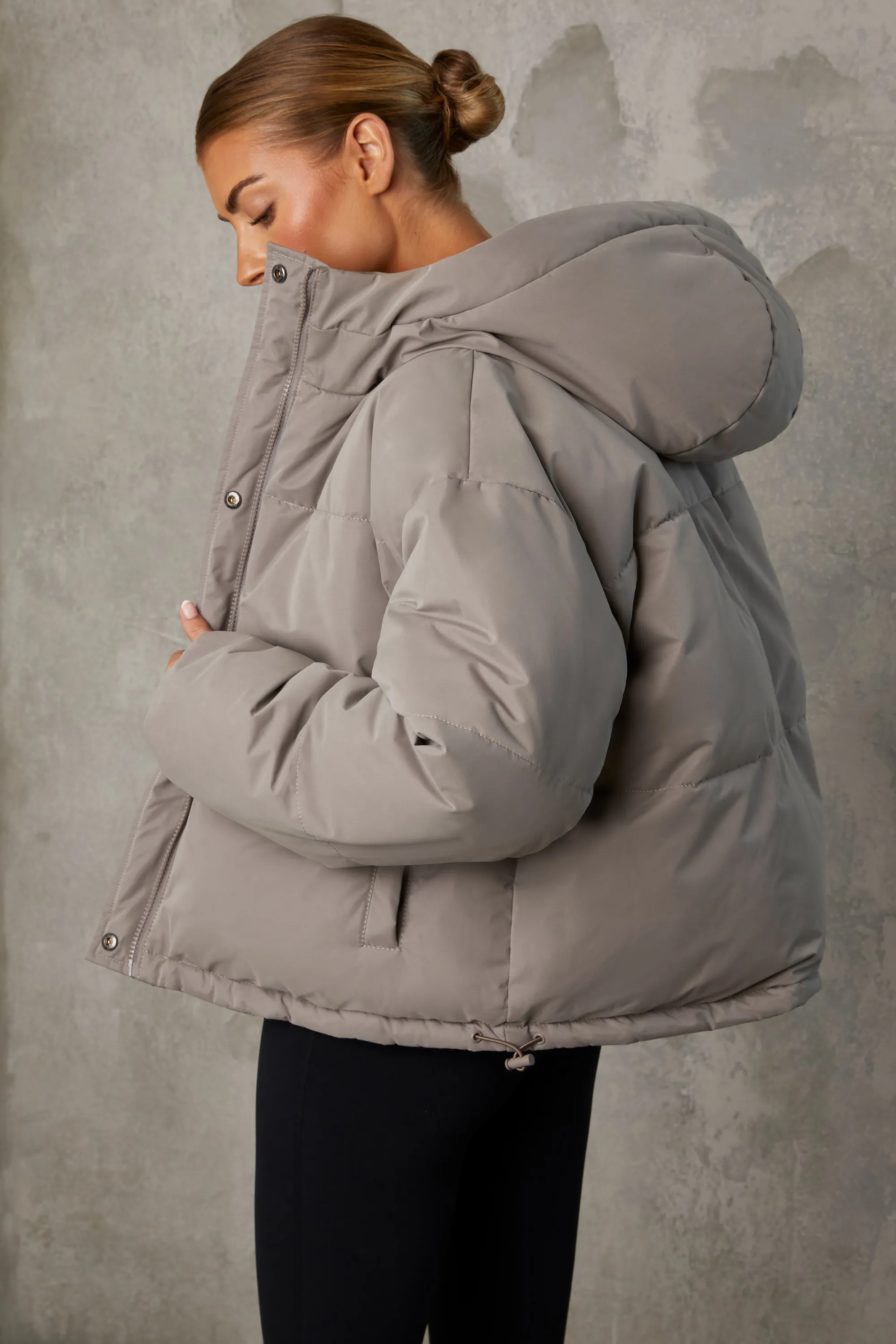 Layer Up - Reversible Hooded Puffer Jacket in Warm Grey