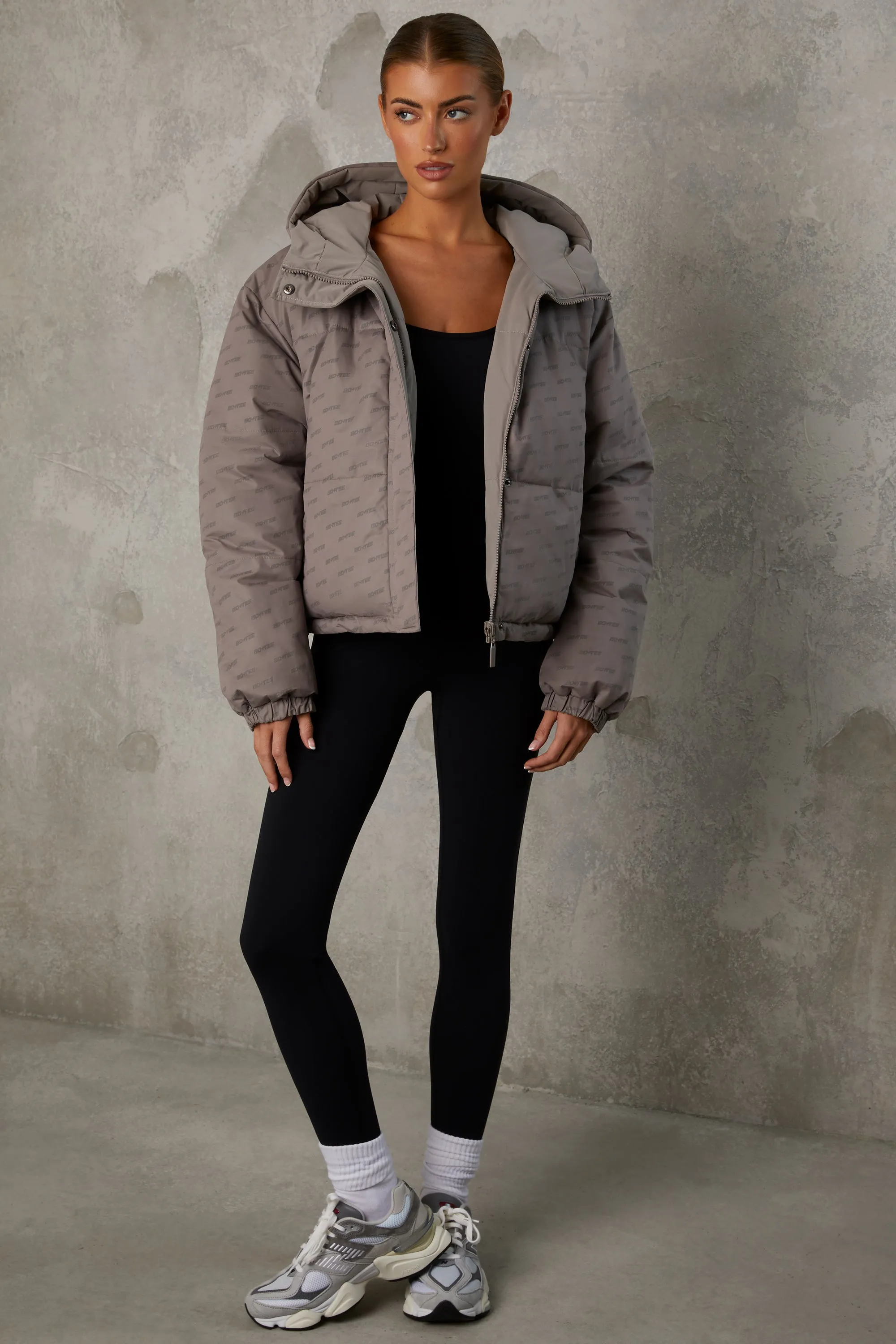 Layer Up - Reversible Hooded Puffer Jacket in Warm Grey