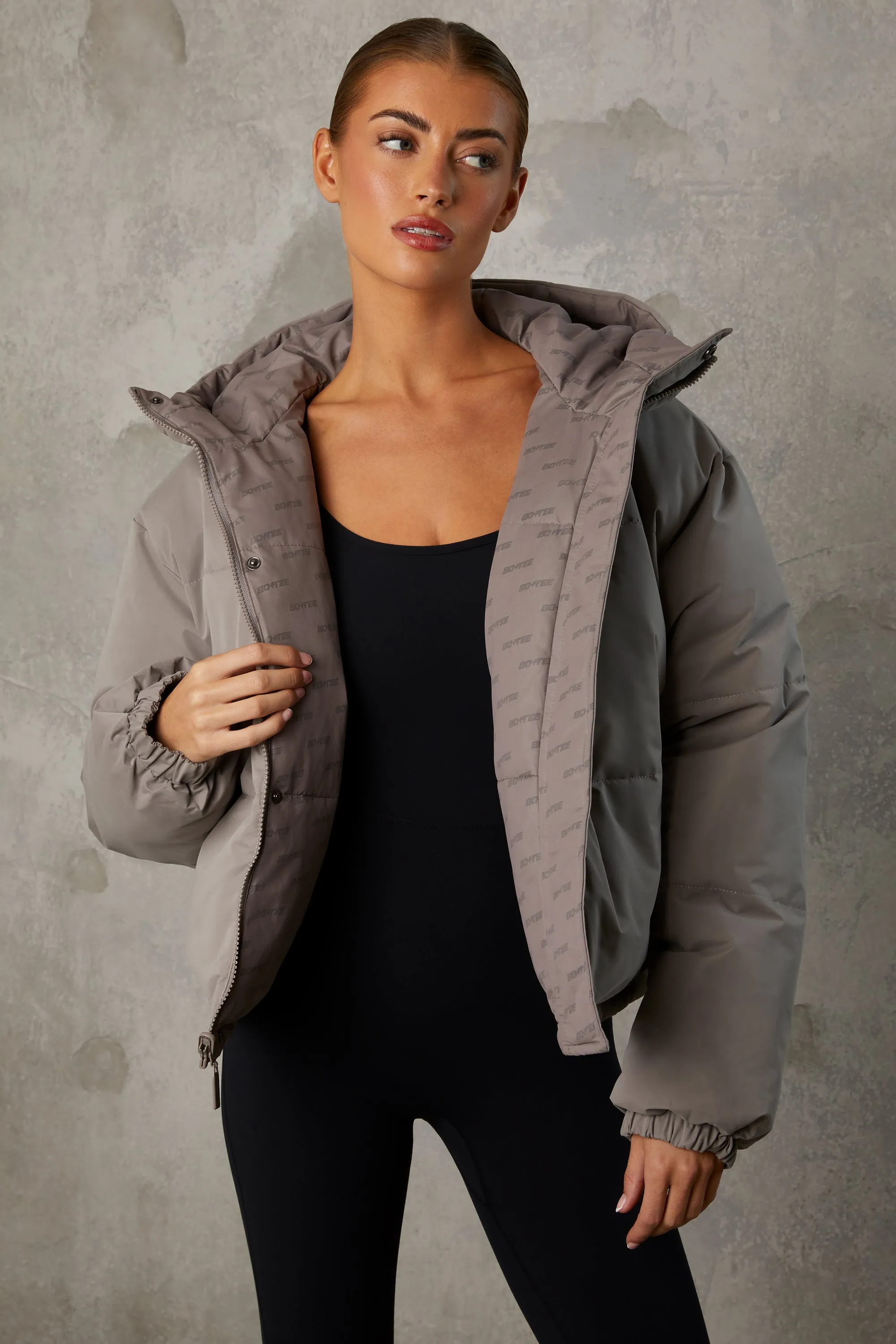 Layer Up - Reversible Hooded Puffer Jacket in Warm Grey
