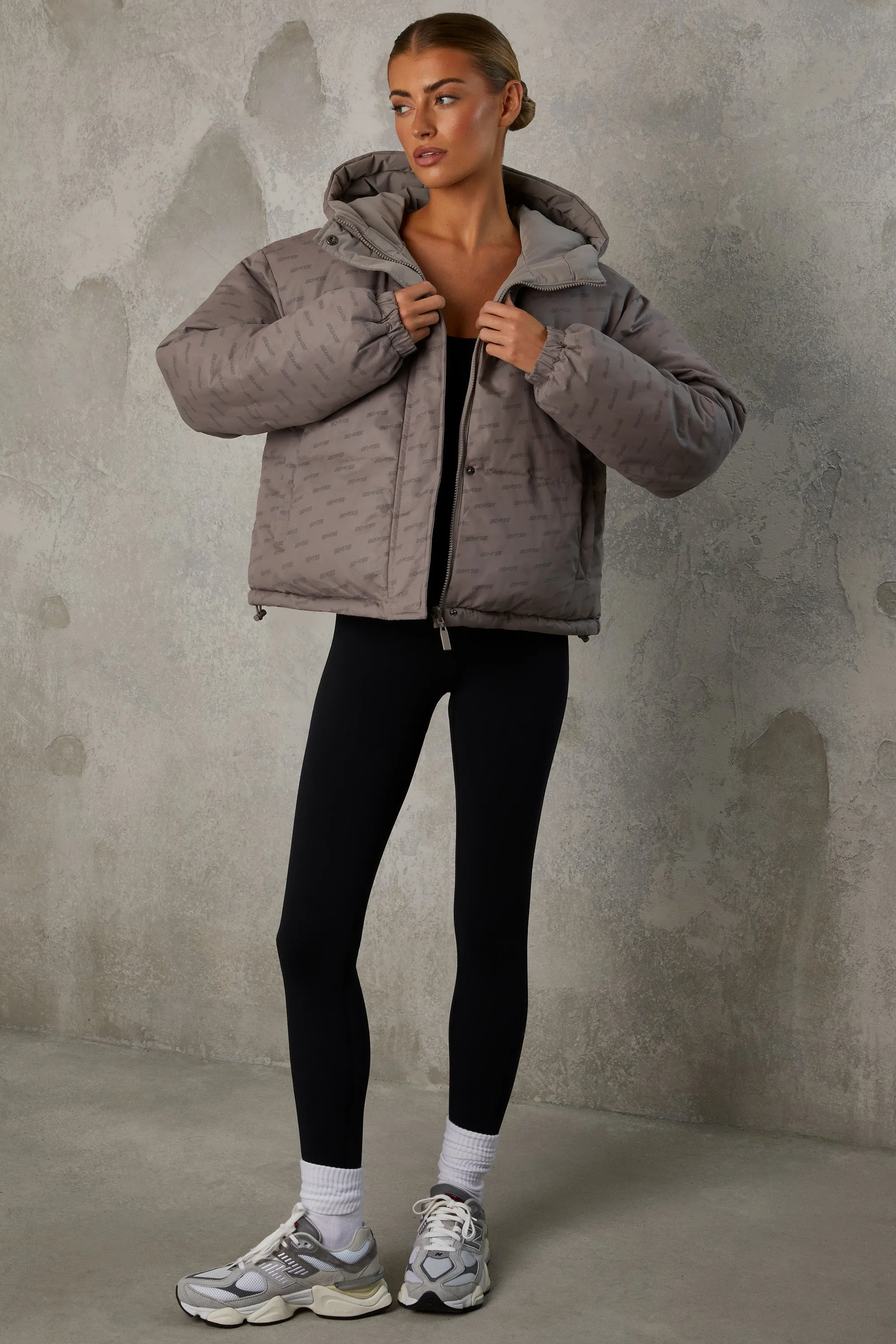 Layer Up - Reversible Hooded Puffer Jacket in Warm Grey