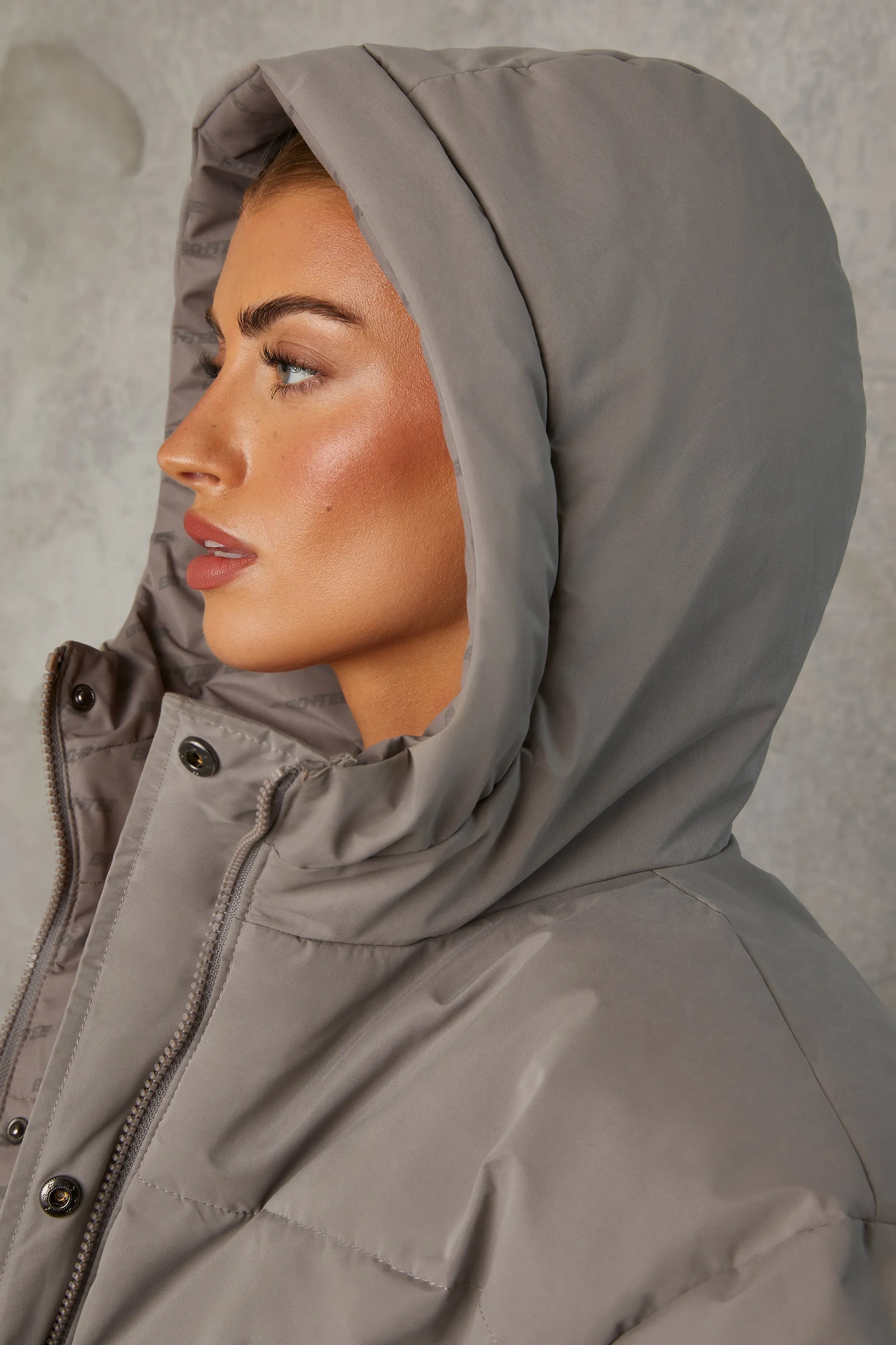 Layer Up - Reversible Hooded Puffer Jacket in Warm Grey