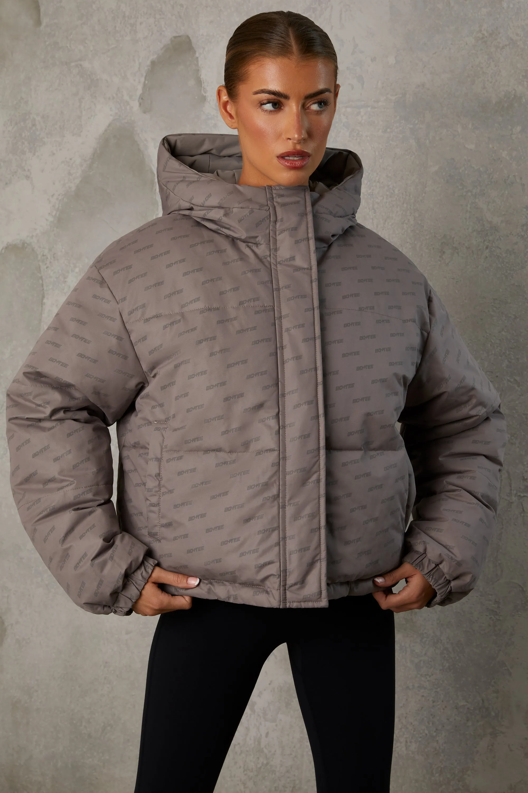 Layer Up - Reversible Hooded Puffer Jacket in Warm Grey