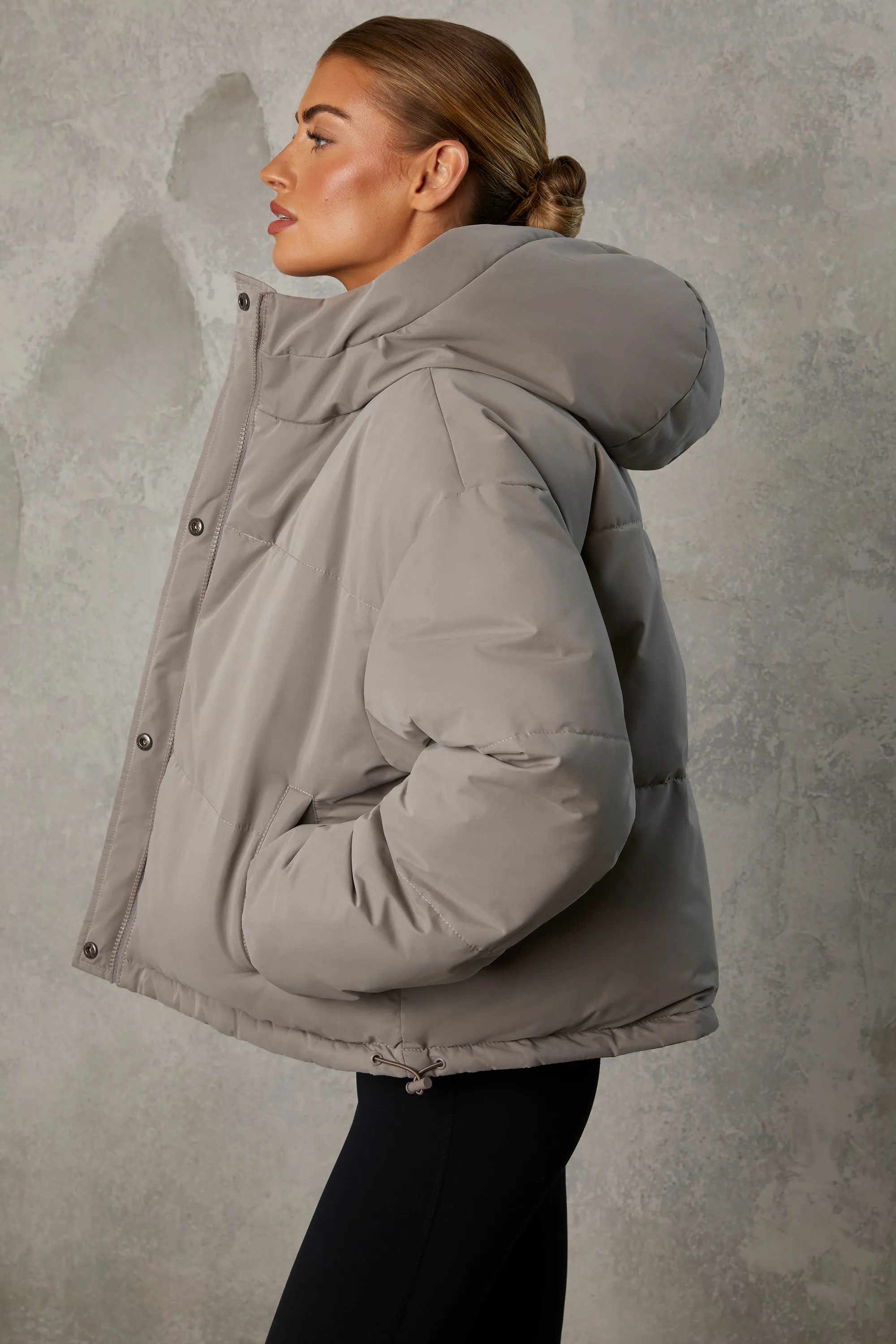 Layer Up - Reversible Hooded Puffer Jacket in Warm Grey