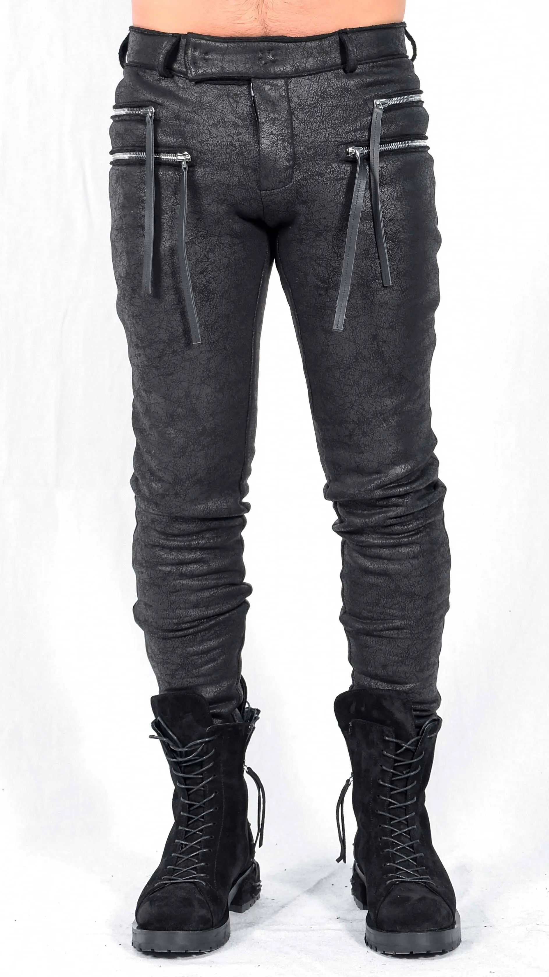 Leather Effect Slim Pants with Zippers