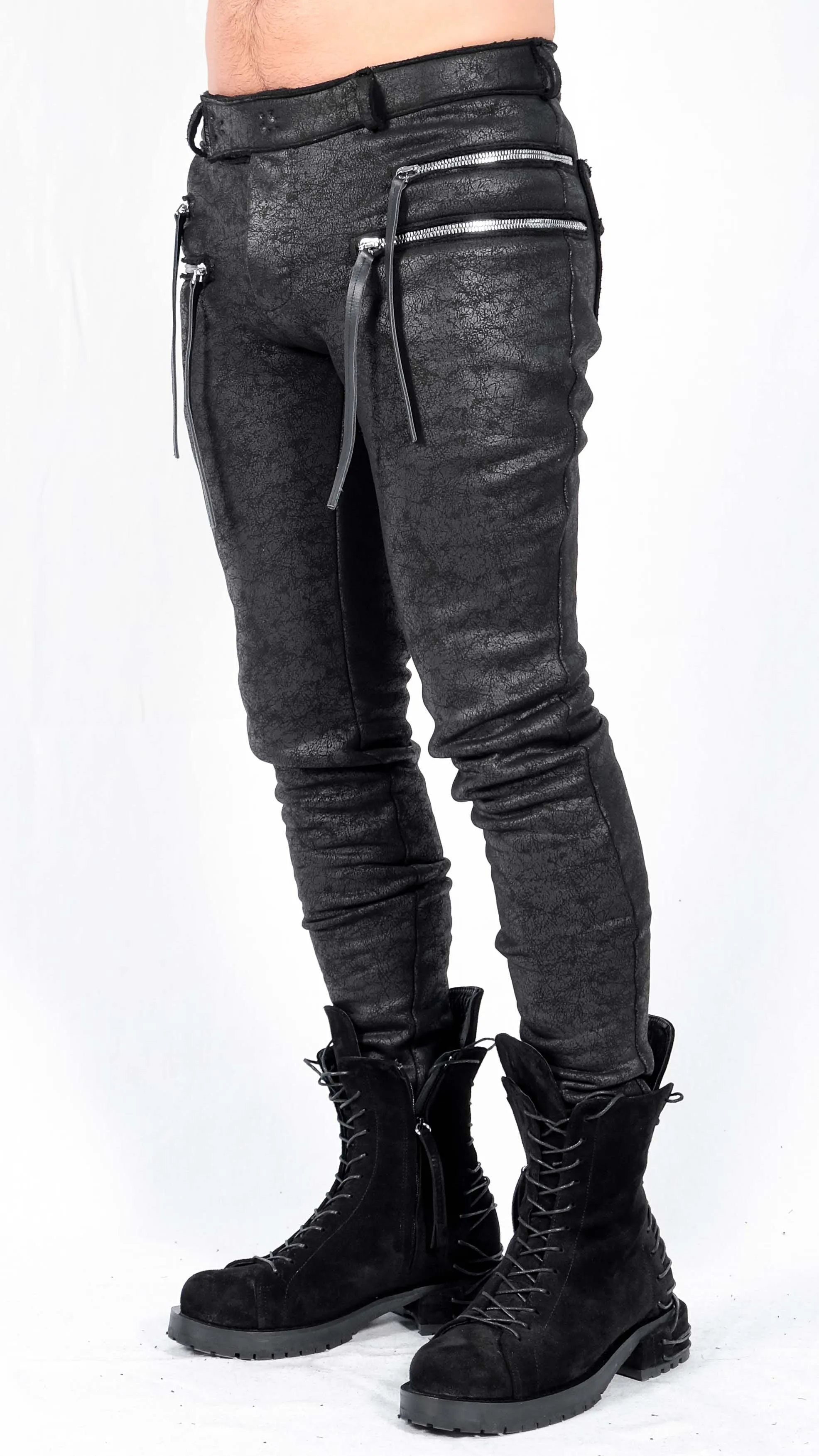 Leather Effect Slim Pants with Zippers