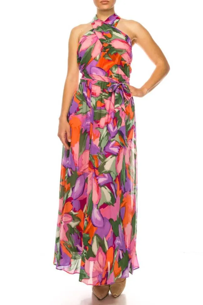 London Times Apparel Criss Cross Halter Neck Maxi Dress
