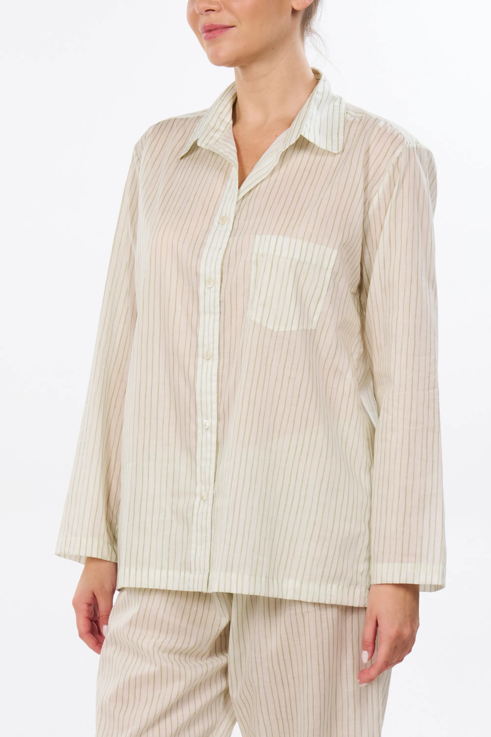 Long Sleeve Pajama Set with Cropped Pants - Green Abstract Stripe