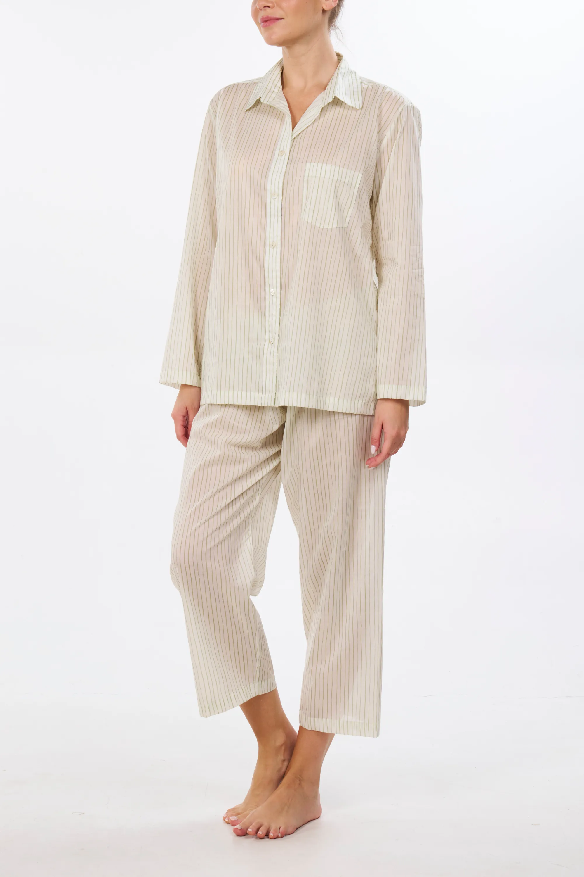 Long Sleeve Pajama Set with Cropped Pants - Green Abstract Stripe