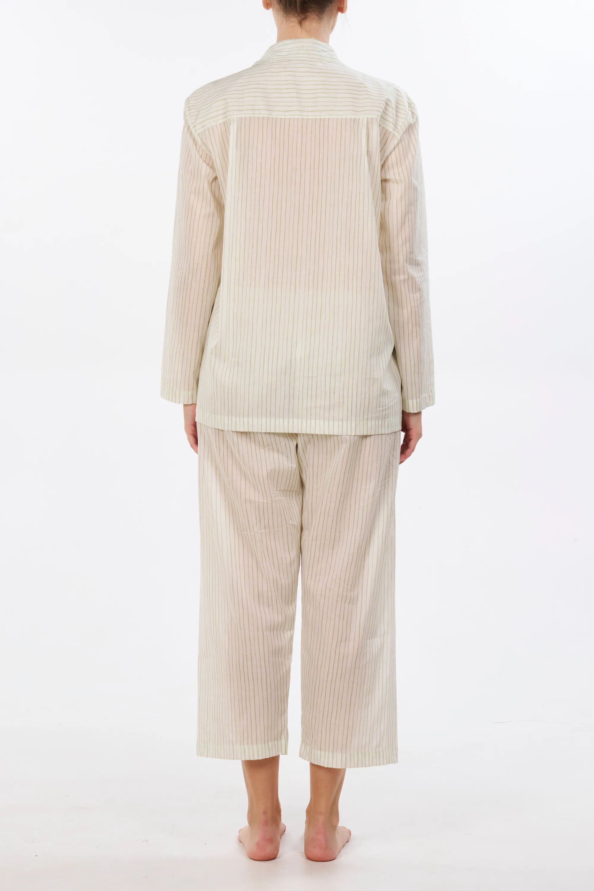 Long Sleeve Pajama Set with Cropped Pants - Green Abstract Stripe