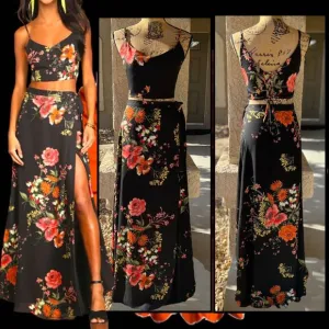 Lulus Bloom With a View Black Floral Print Two-Piece Maxi Dress Size XL